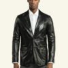 Men's Classic Black Leather Blazer Straight Front