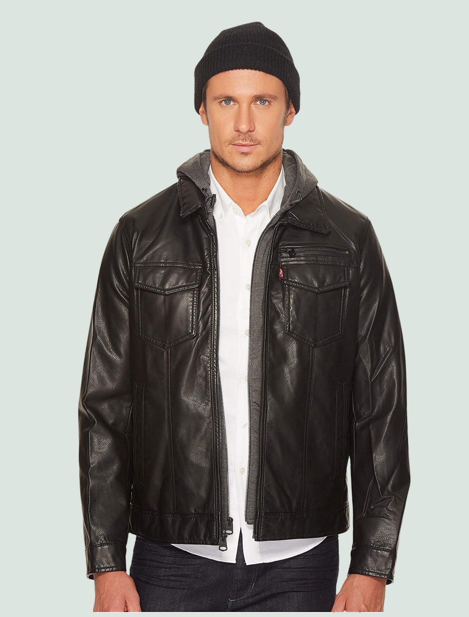 Men's Classic Black Leather Jacket With Hood