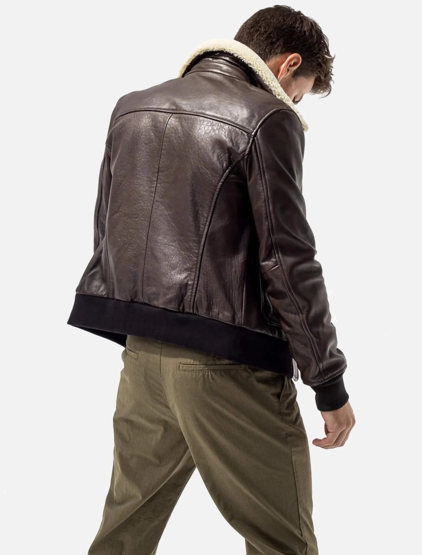 Levi Beige Brown Leather Jacket With Shearling Collar Back