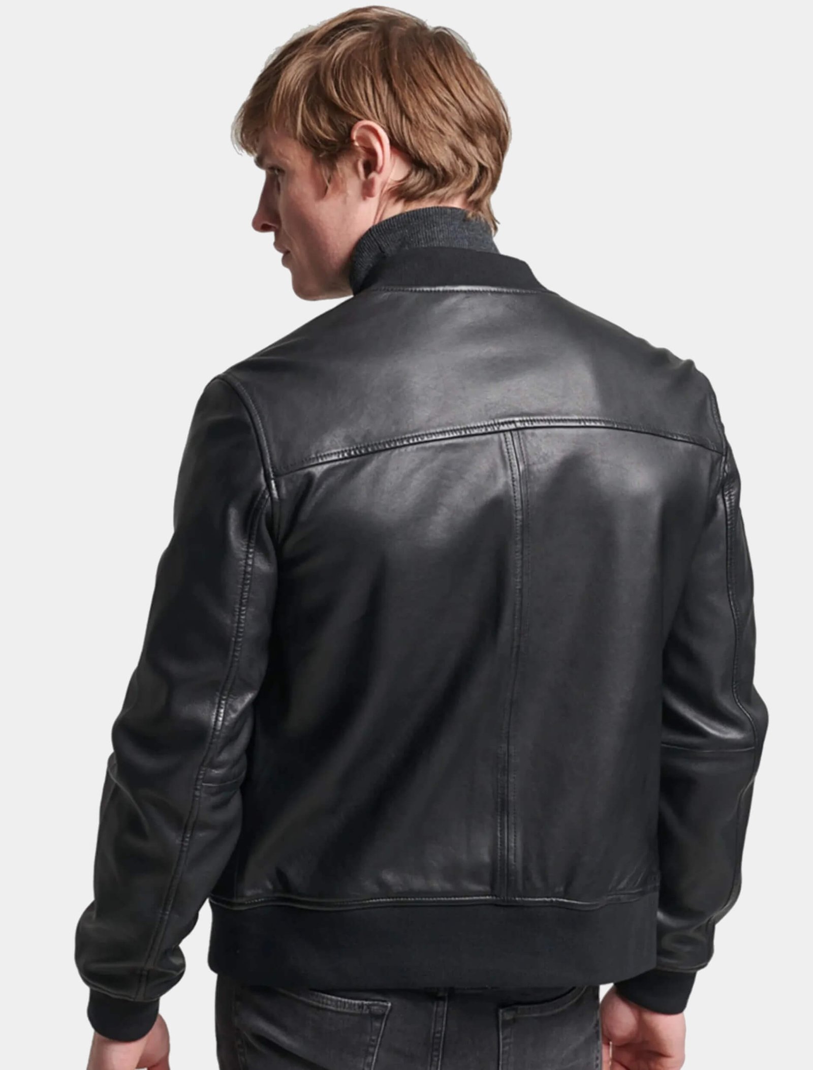 Men Classic Black Leather Bomber Jacket Back