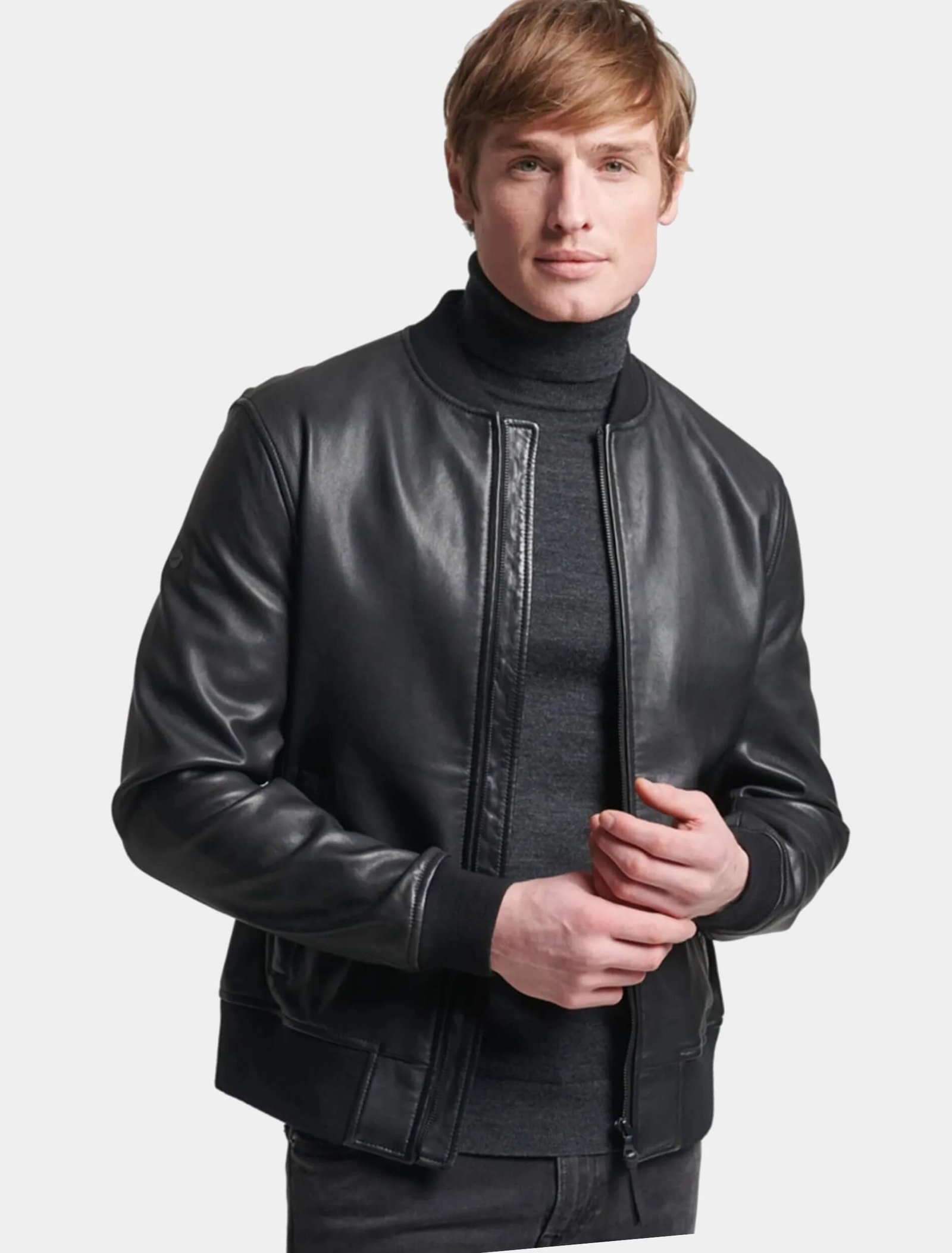 Men Classic Black Leather Bomber Jacket