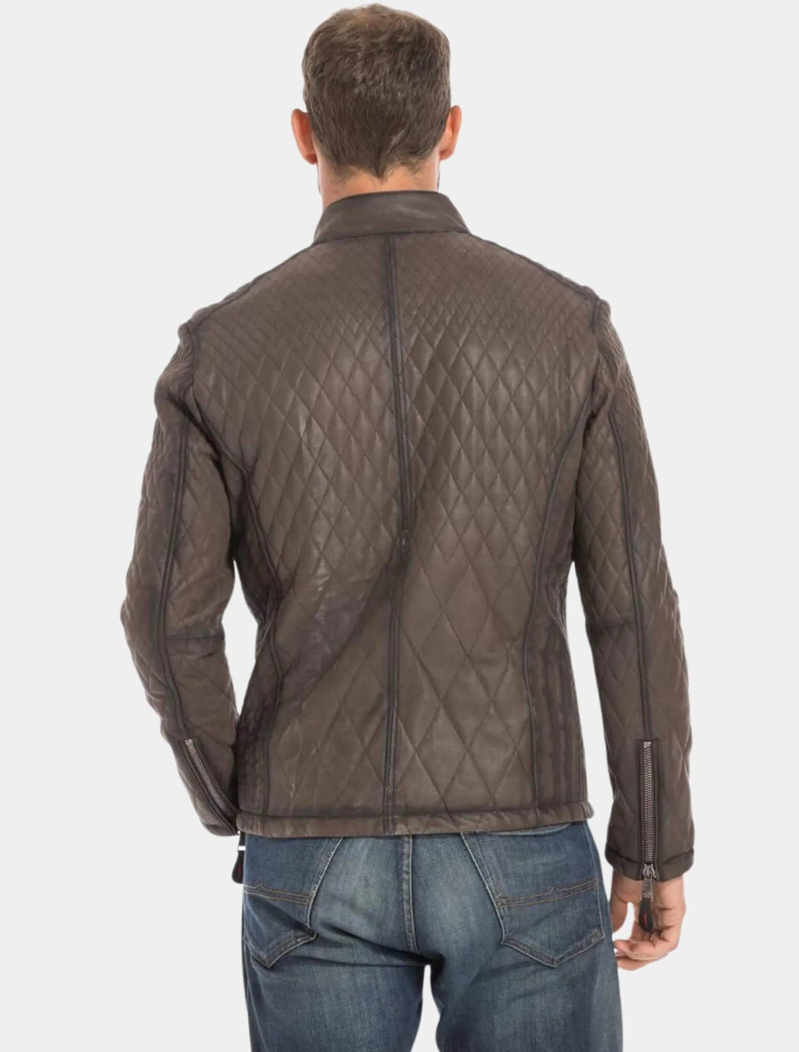 Men Classic Brown Leather Racer Style Trucker Jacket Back