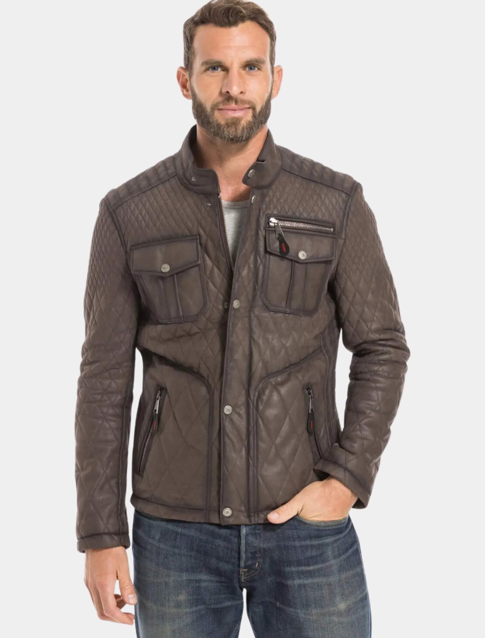 Men Classic Brown Leather Racer Style Trucker Jacket