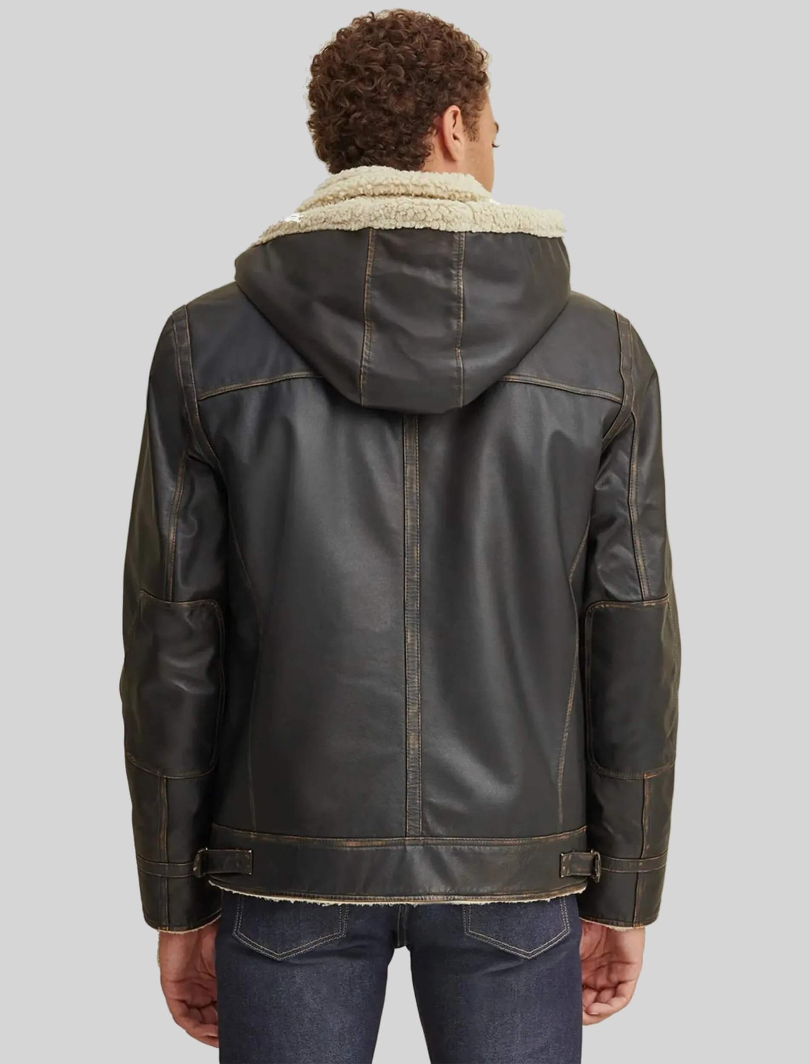 Men Classic Shearling Hooded Leather Jacket Back