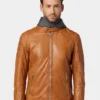 Mens Casual Tan Hooded Leather Jacket