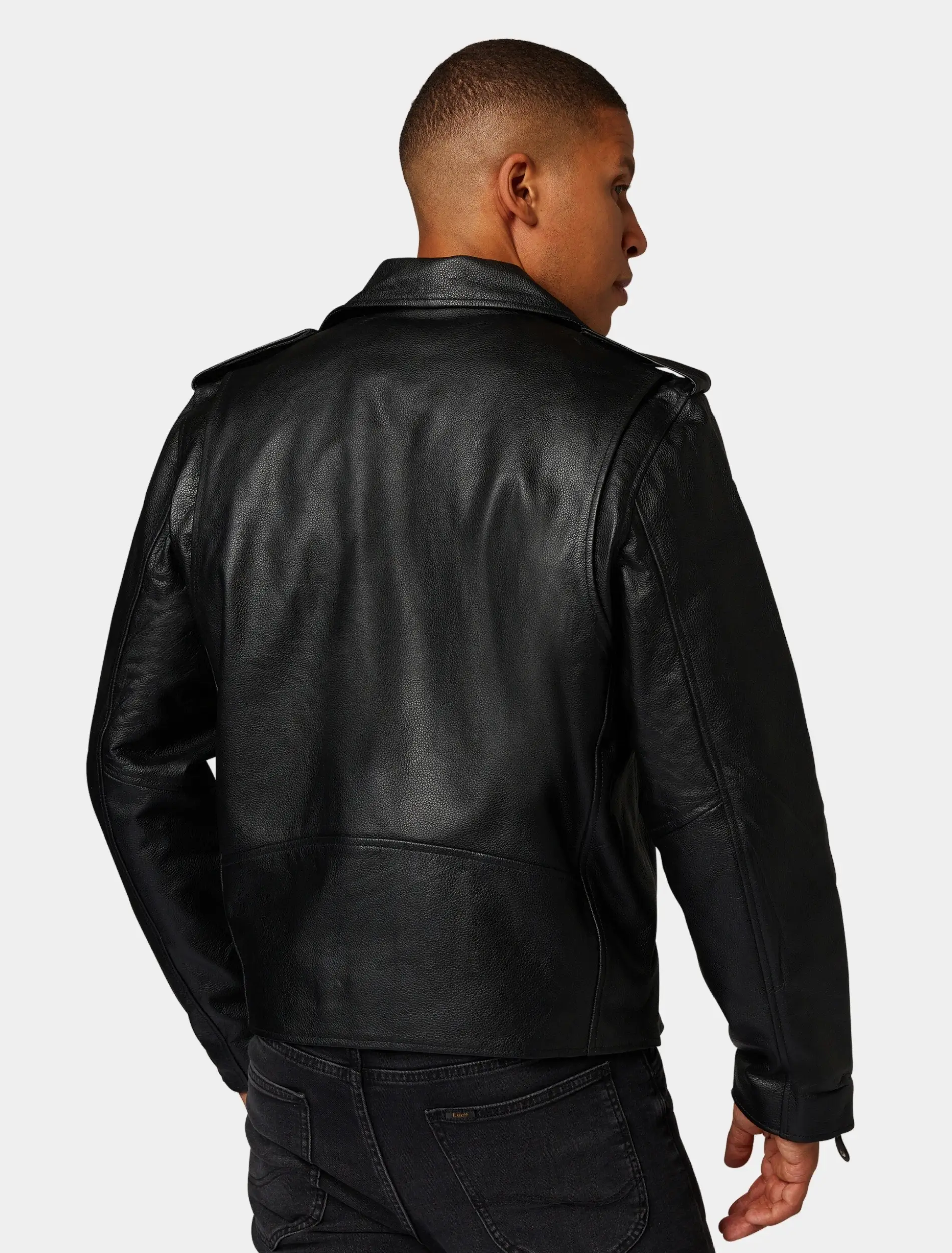 Mens Classic Black Leather Biker Jacket Back