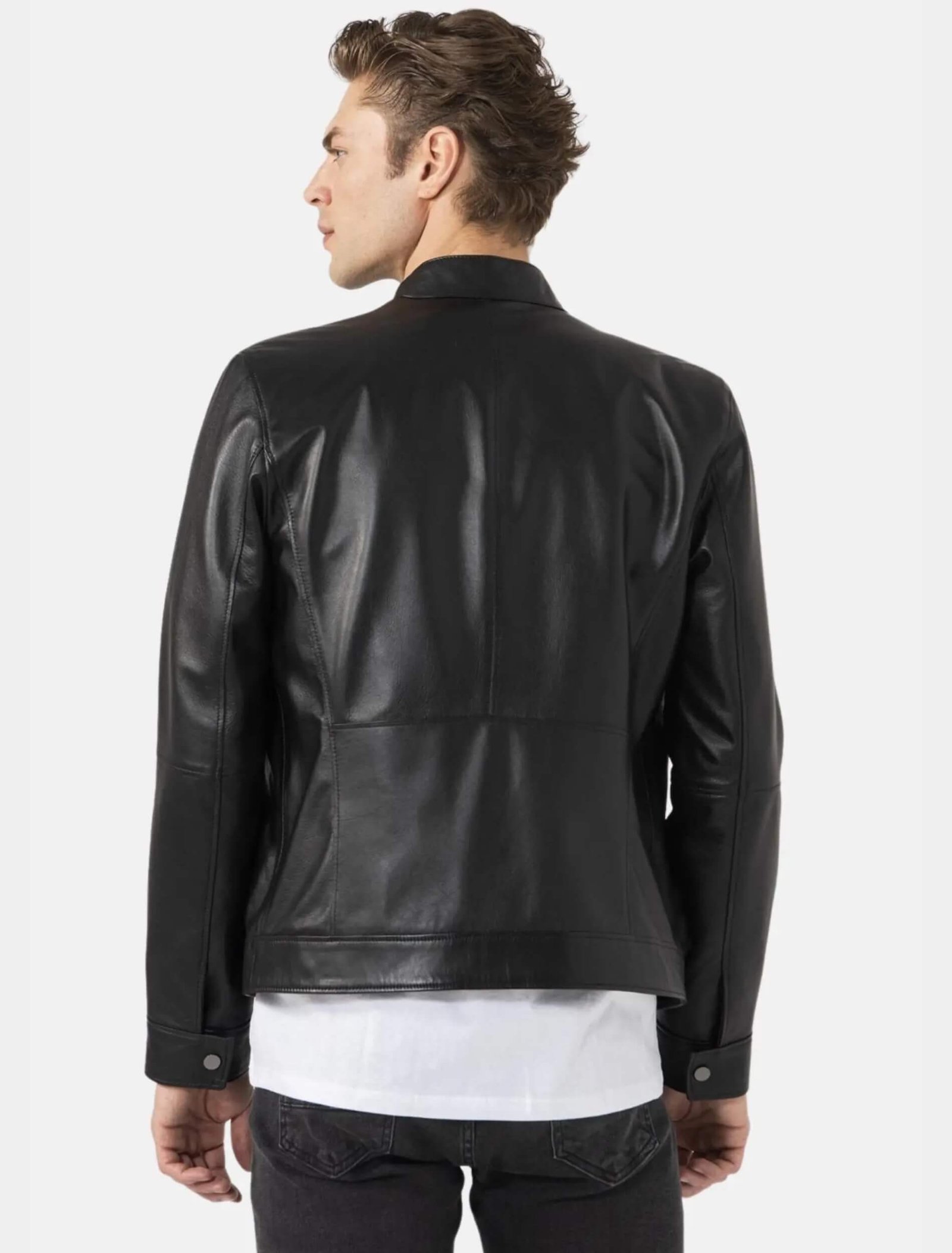 Mens Classic Black Leather Racer Jacket Back