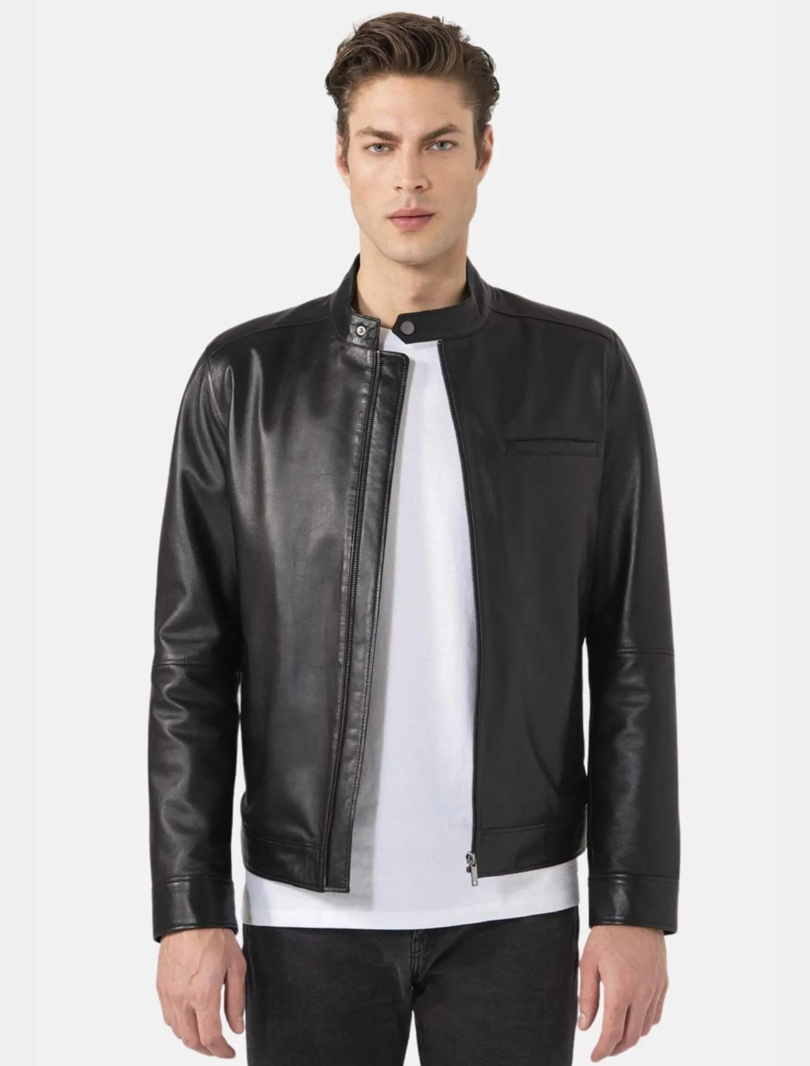 Mens Classic Black Leather Racer Jacket