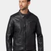 Mens Classic Black Leather Trucker Jacket