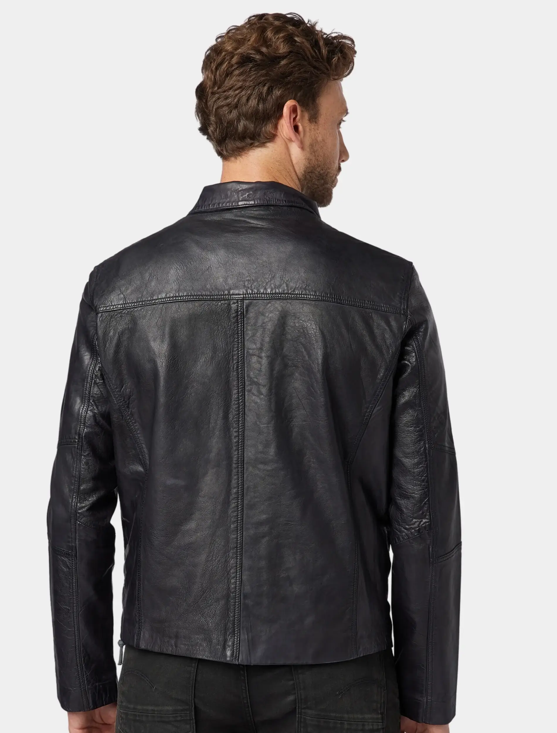 Mens Classic Black Leather Trucker Jacket Back