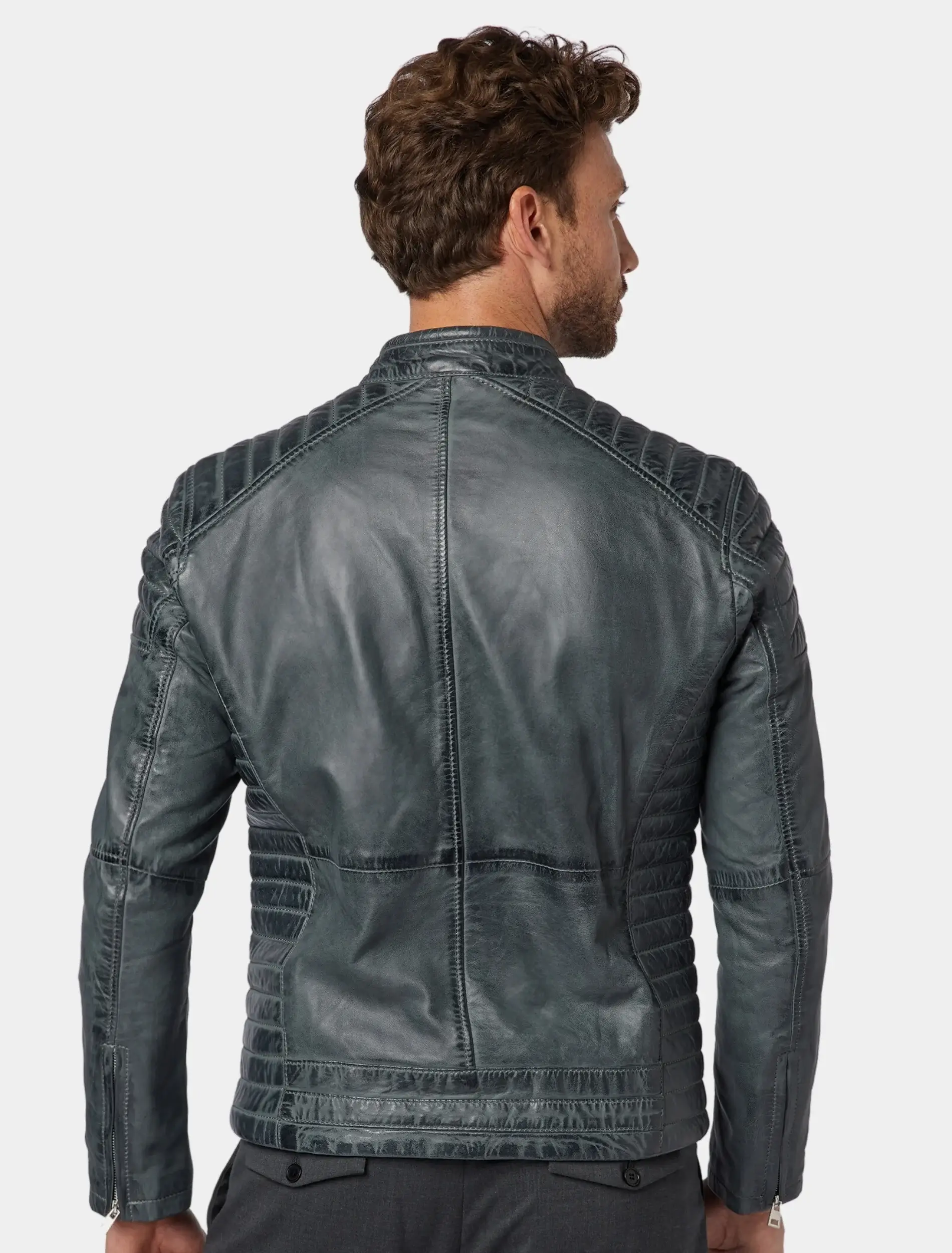 Mens Classic Blue Leather Cafe Racer Jacket Back