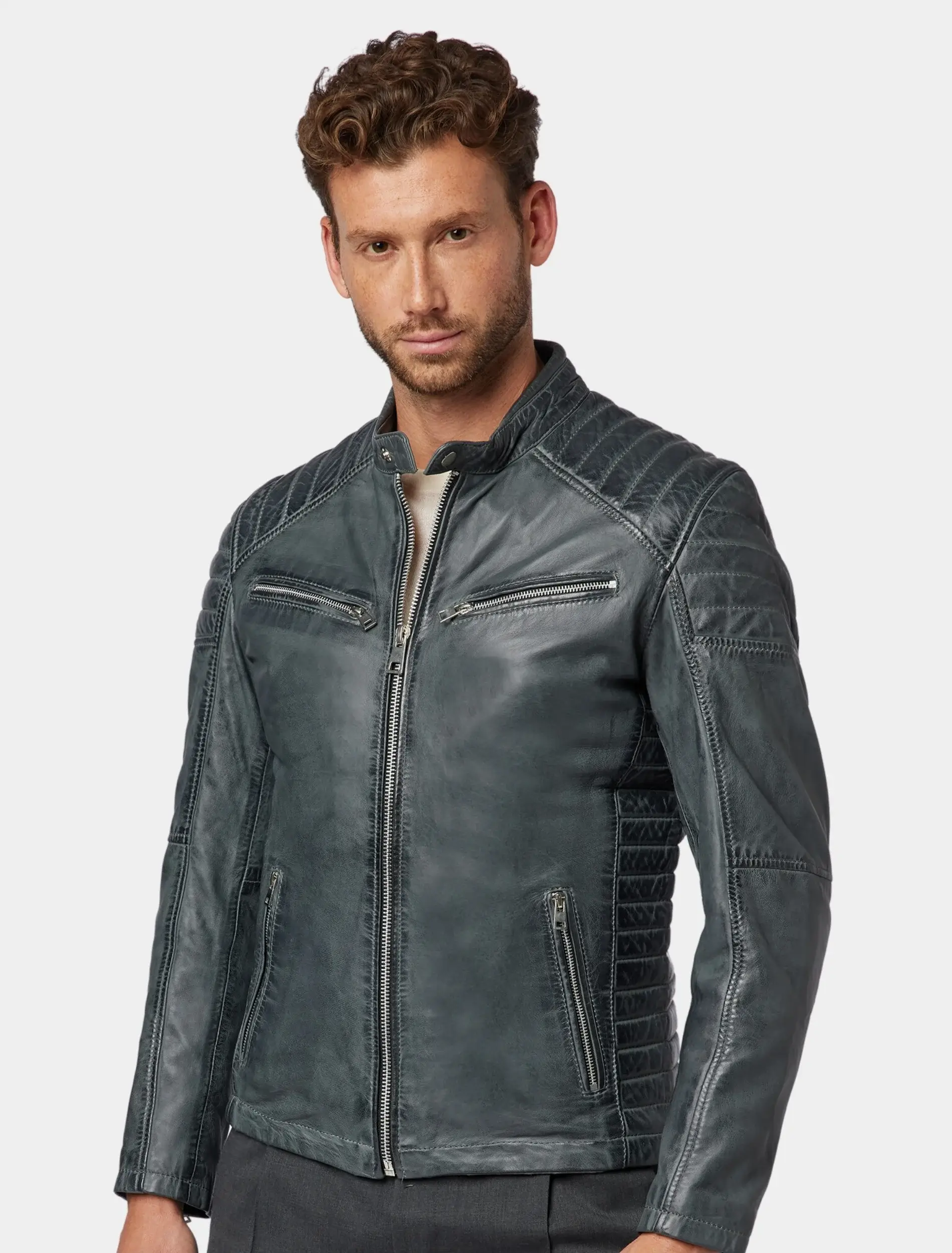 Mens Classic Blue Leather Cafe Racer Jacket