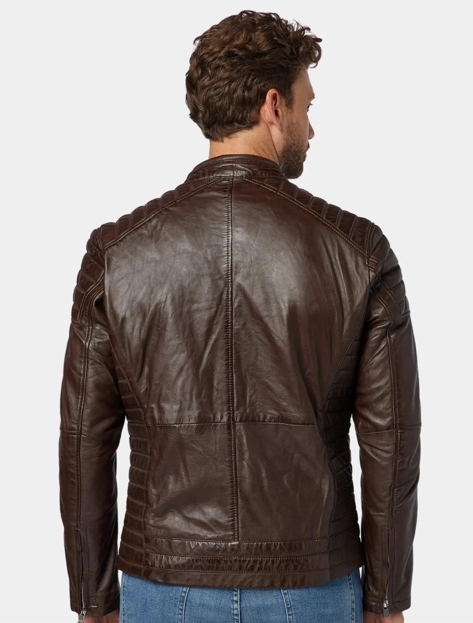 Mens Classic Dark Brown Leather Cafe Racer Jacket Back