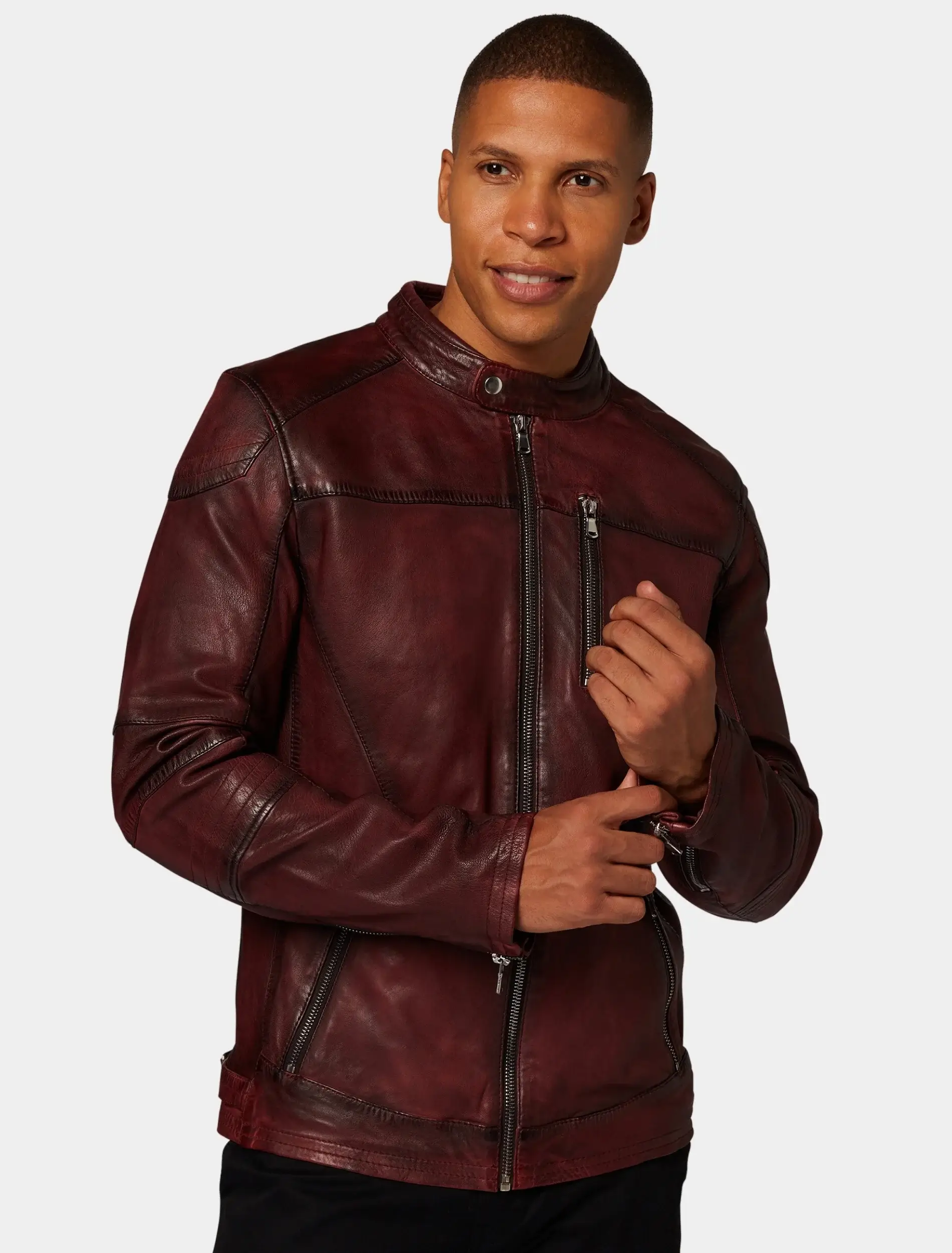 Mens Classic Maroon Leather Cafe Racer Jacket