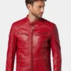 Mens Classic Red Leather Cafe Racer Jacket