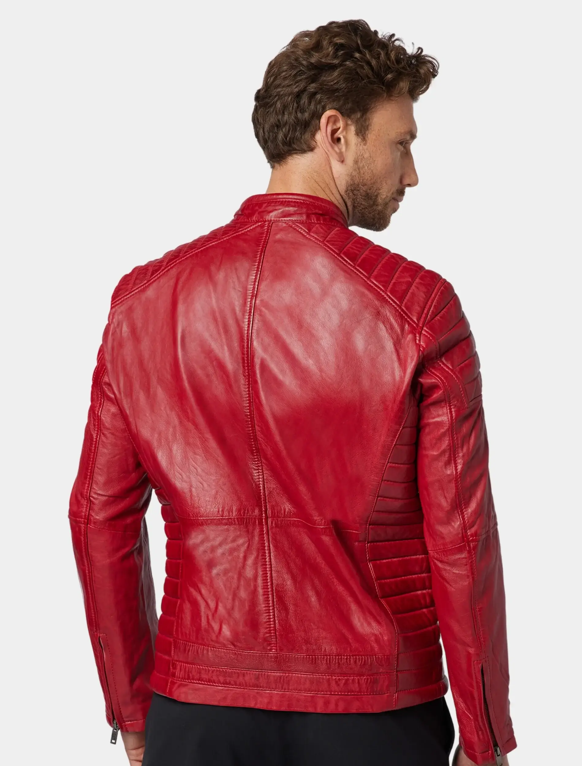 Mens Classic Red Leather Cafe Racer Jacket back