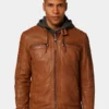 Mens Classic Tan Hooded Leather Leather Jacket