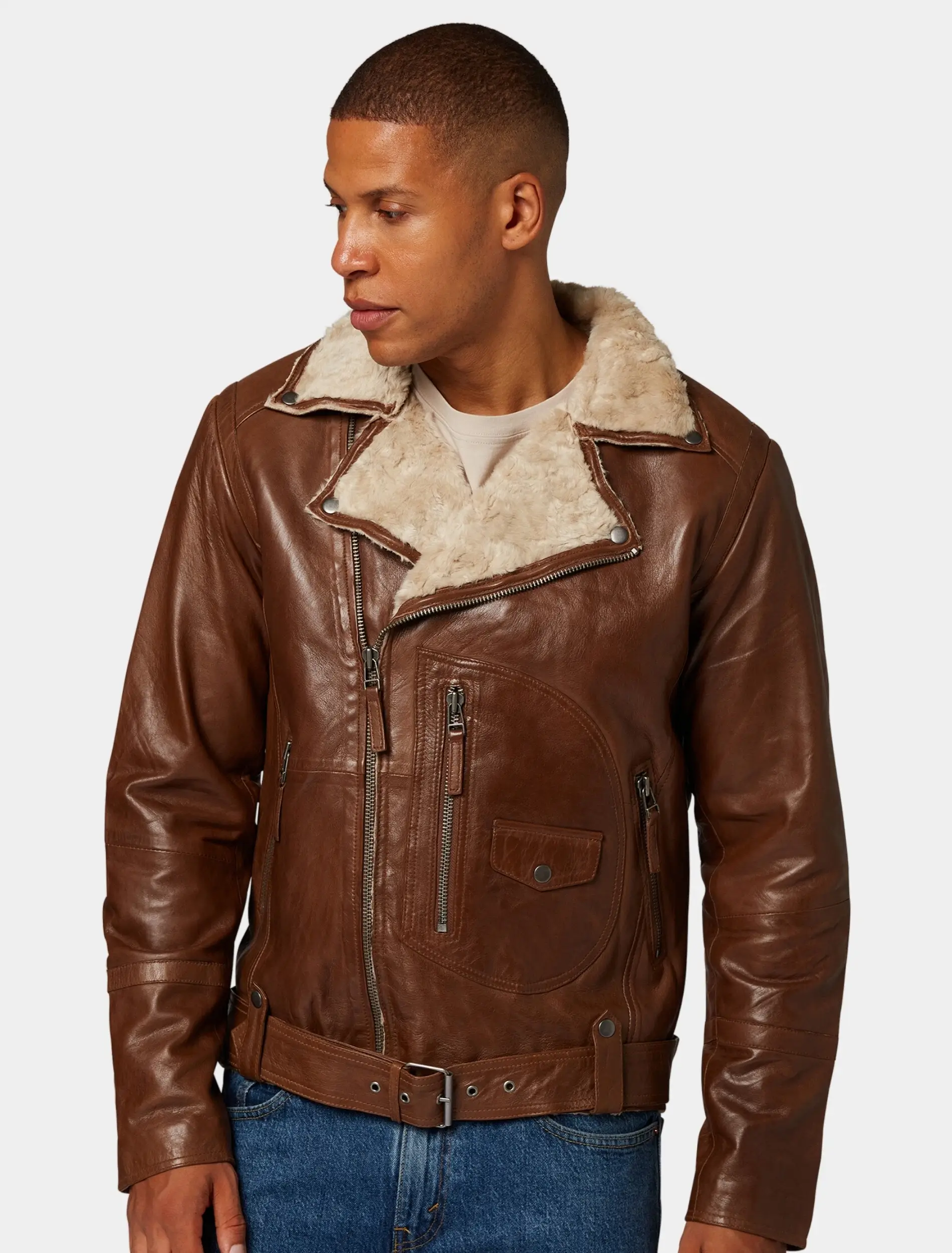 Mens Classic Tan Leather Biker Jacket With Fur Collar