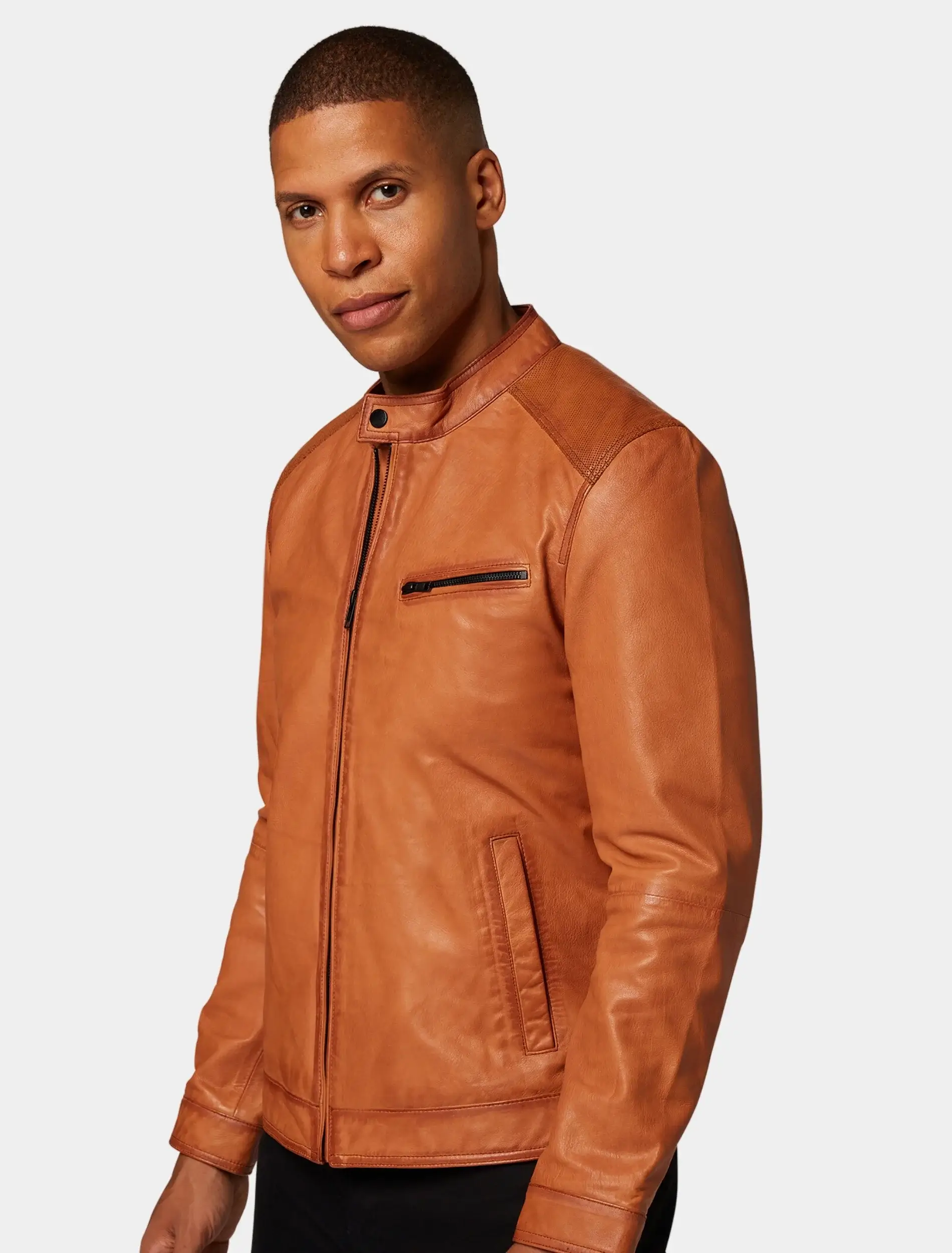 Mens Classic Tan Leather Cafe Racer Jacket