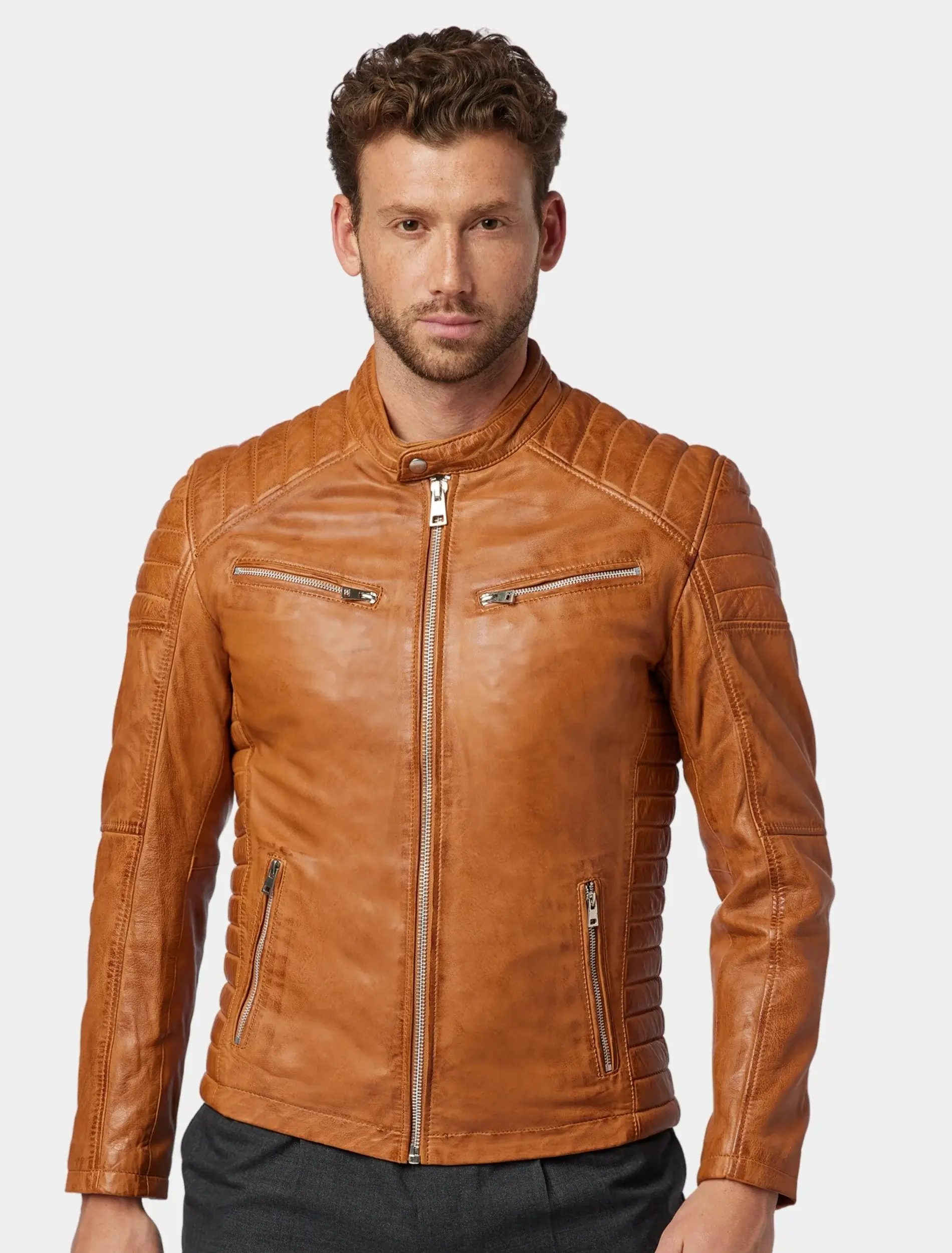 Mens Classic Tan Leather Cafe Racer Jacket