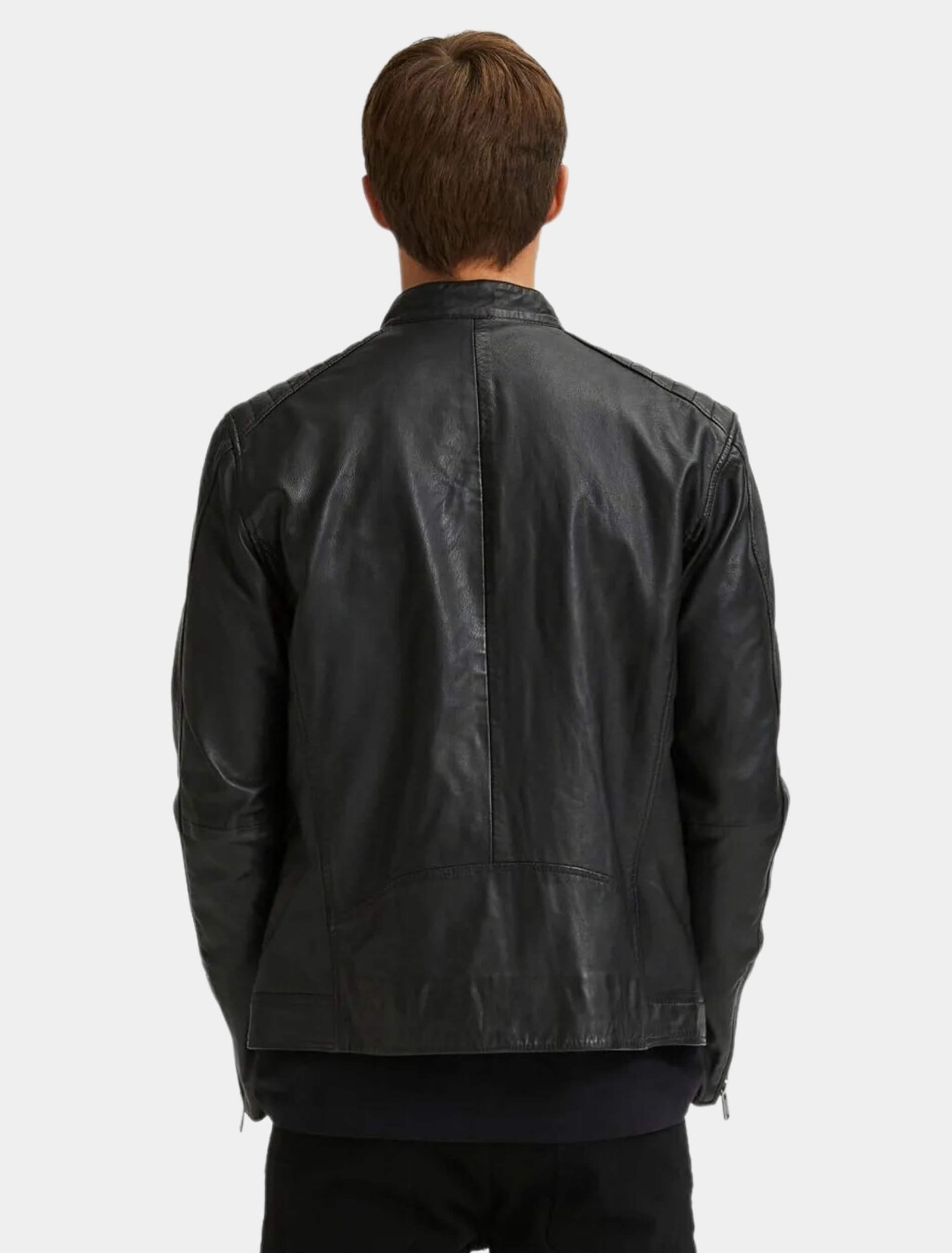 Mens Classy Black Leather Racer Jacket Back