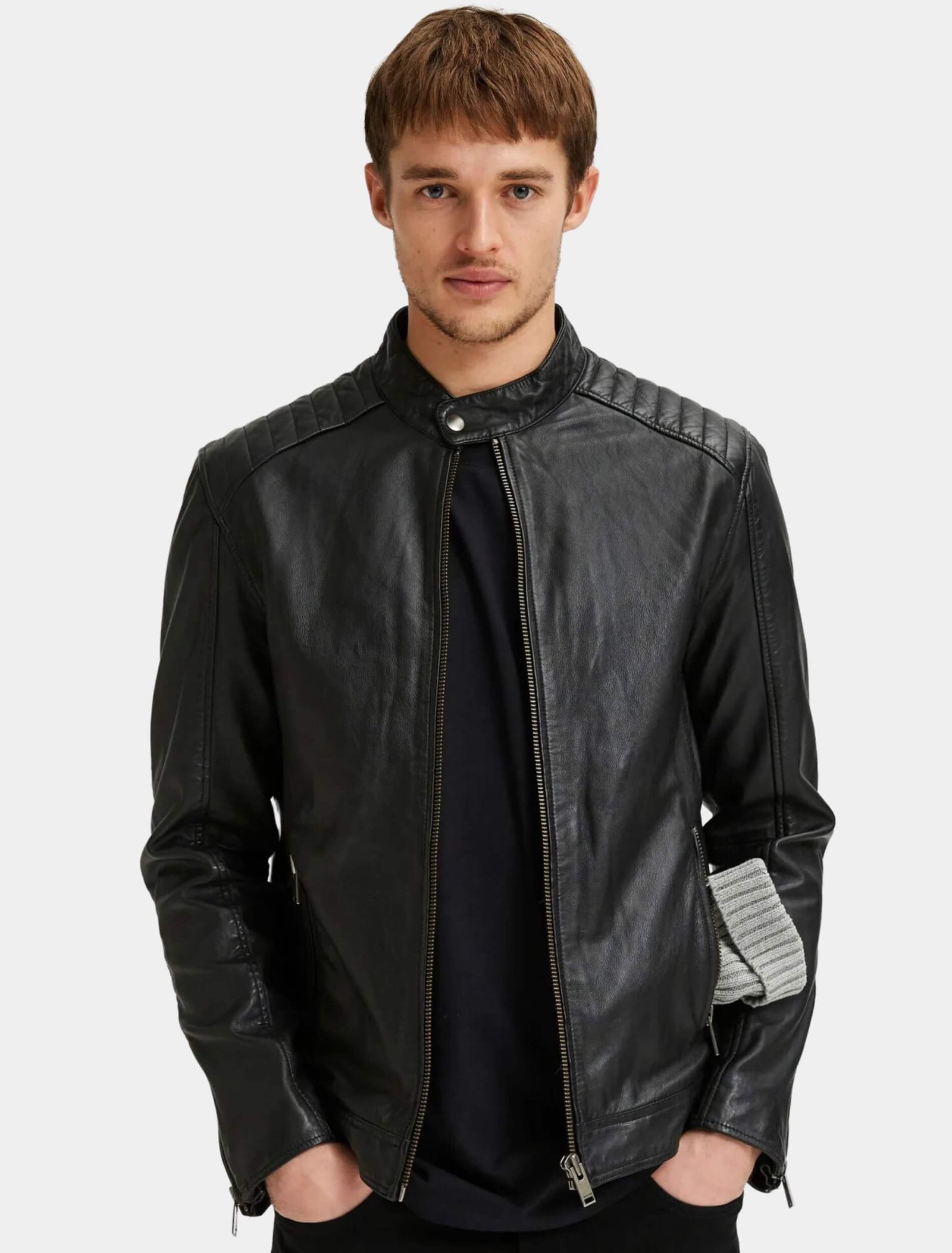 Mens Classy Black Leather Racer Jacket