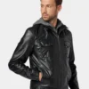 Mens John Black Hooded Leather Jacket