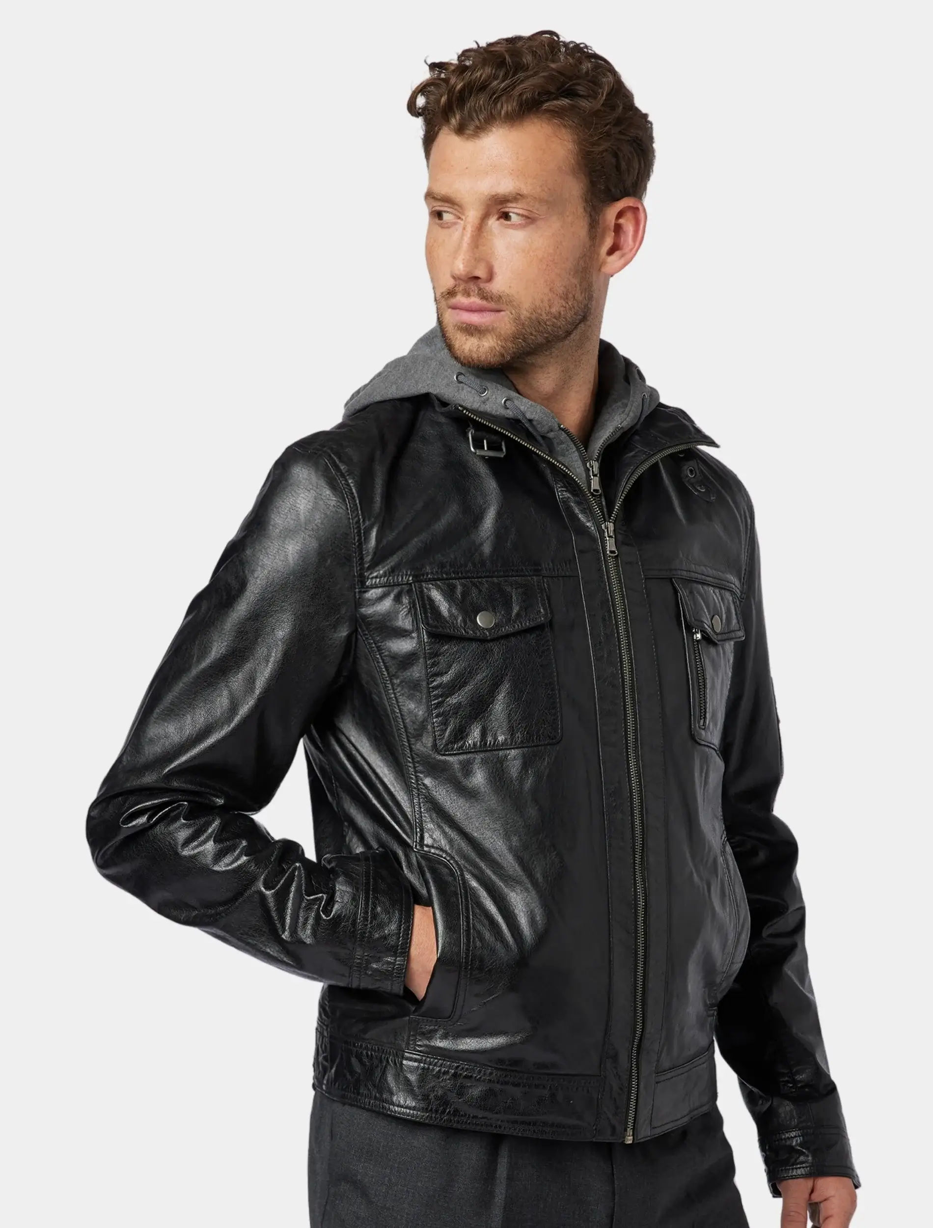 Mens John Black Hooded Leather Jacket