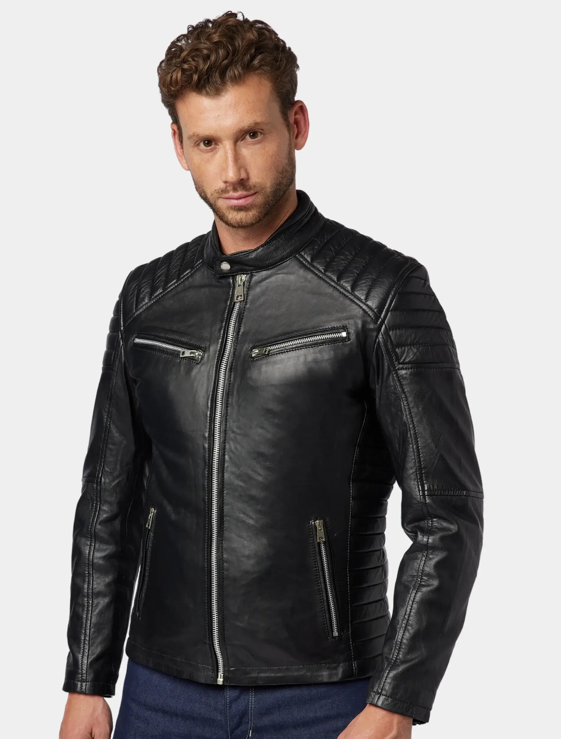 Mens John Black Leather Cafe Racer Jacket