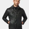 Mens John Black Leather Hooded Jacket