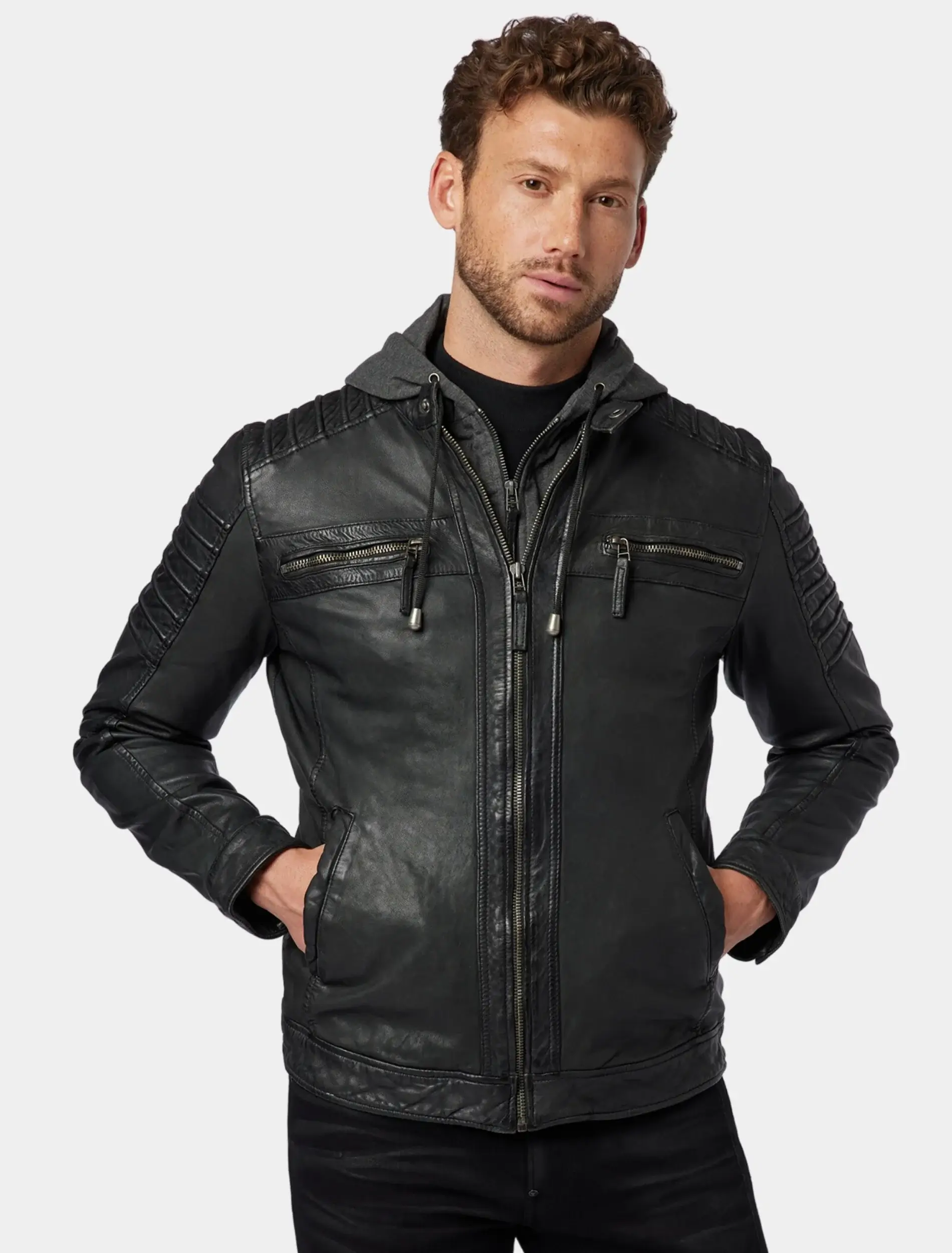 Mens John Black Leather Hooded Jacket