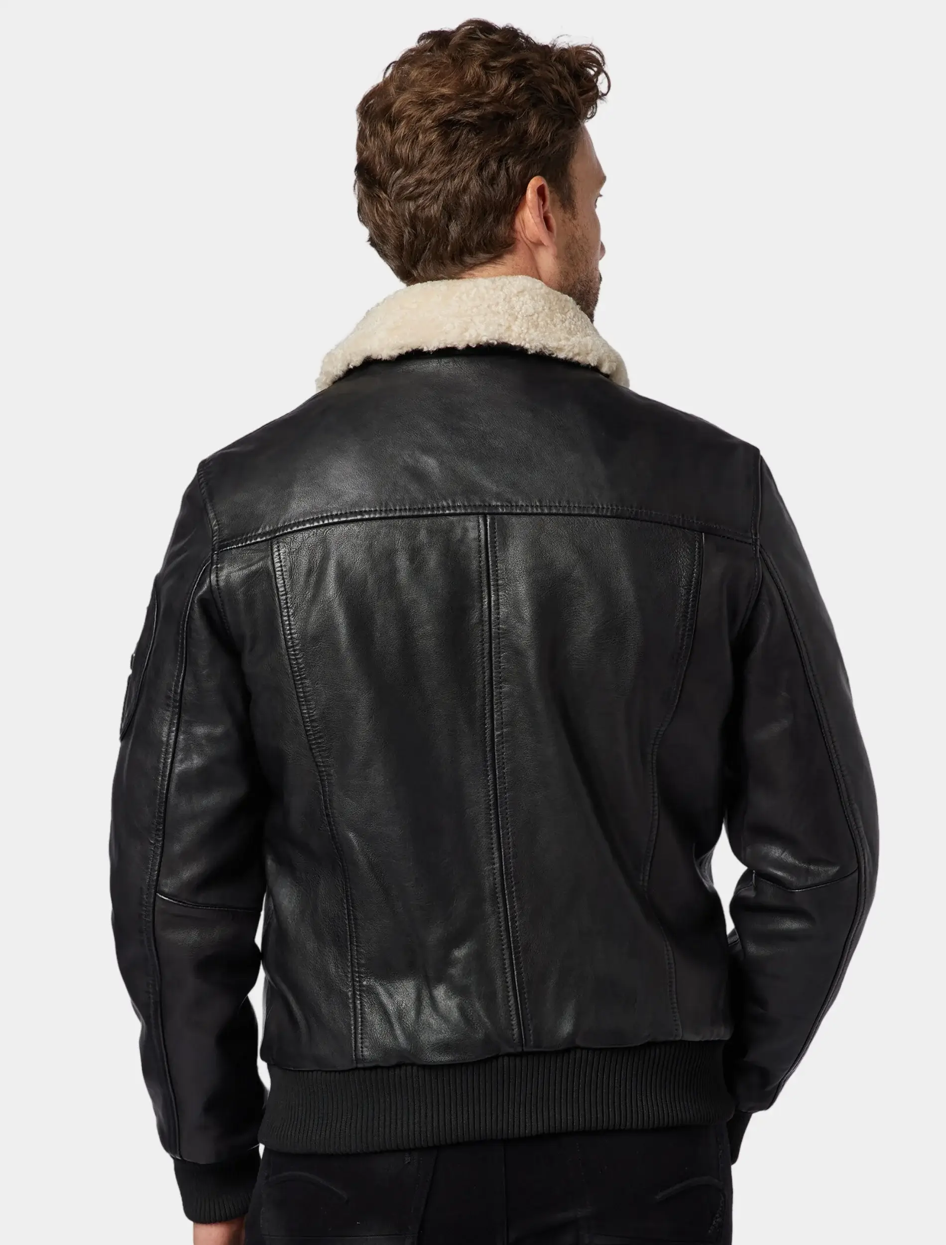 Mens John Black Leather Jacket With Shearling Collar Back