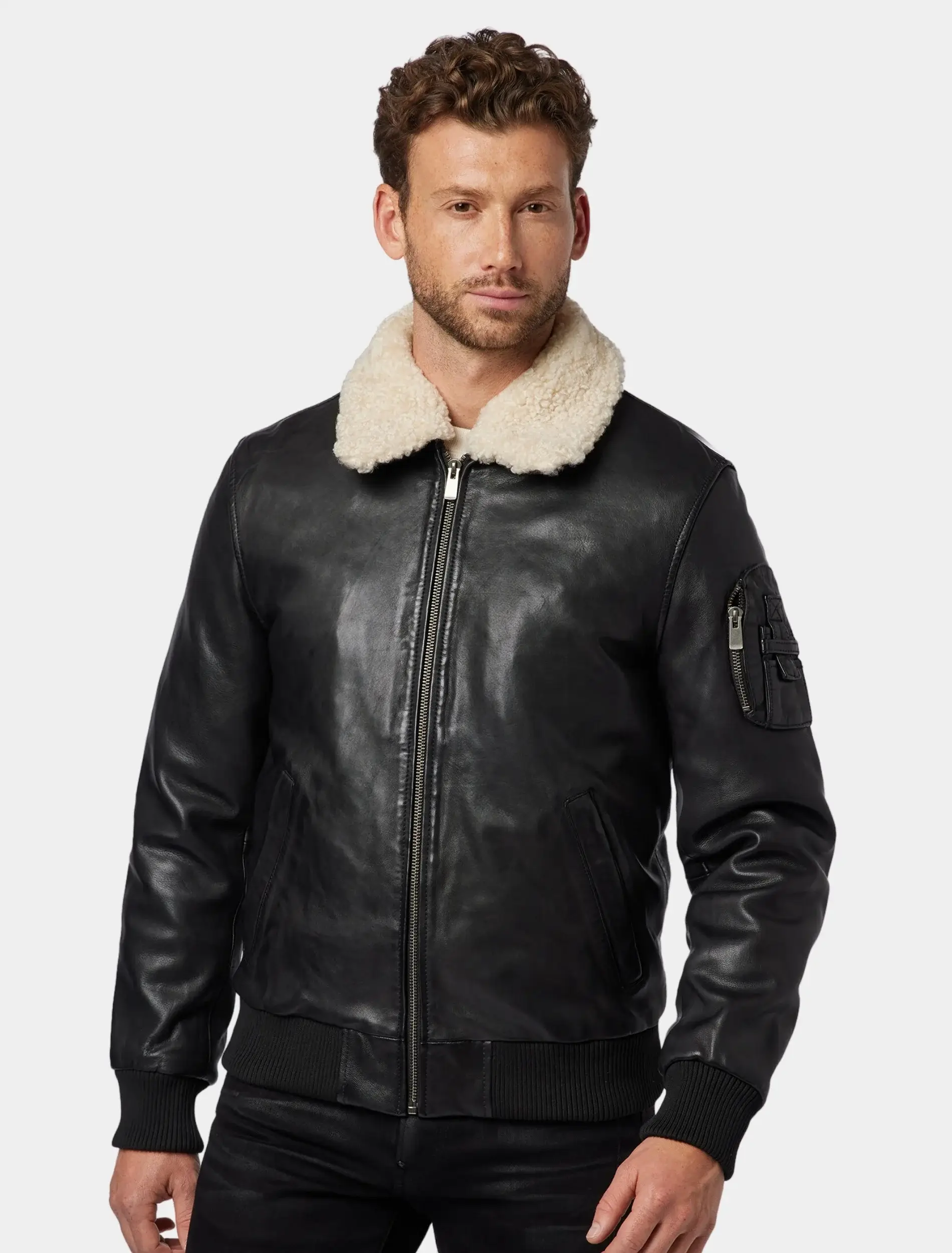 Mens John Black Leather Jacket With Shearling Collar