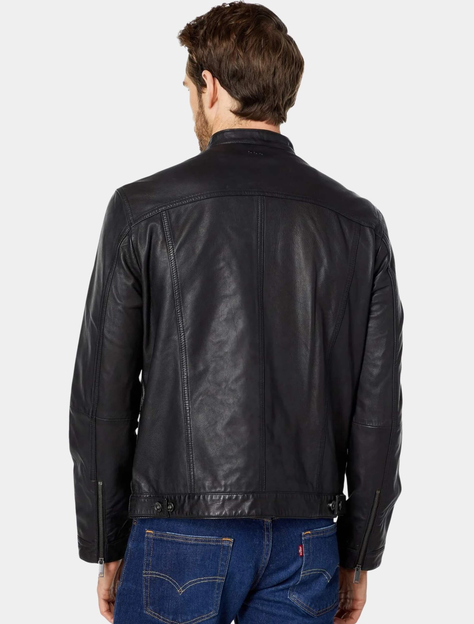 Mens John Black Leather Racer Jacket Back