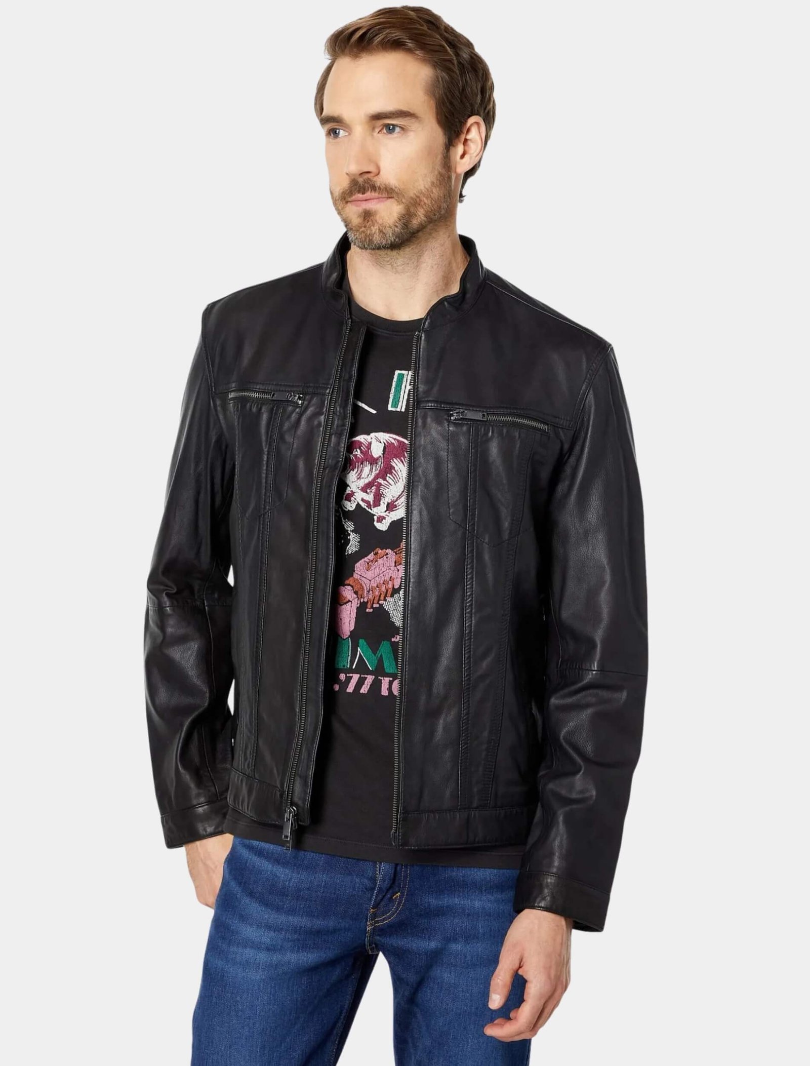 Mens John Black Leather Racer Jacket