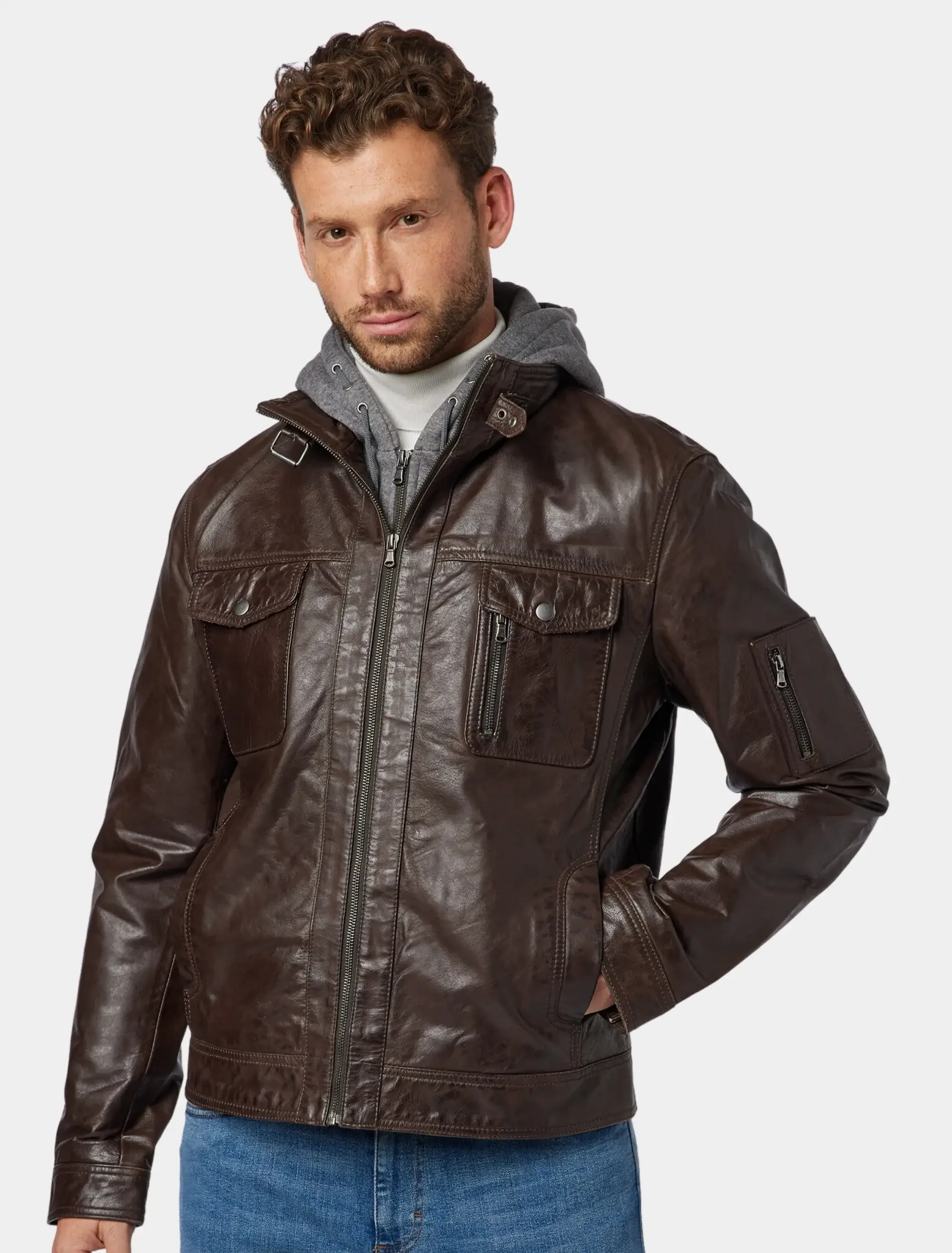 Mens John Dark Brown Hooded Leather Jacket