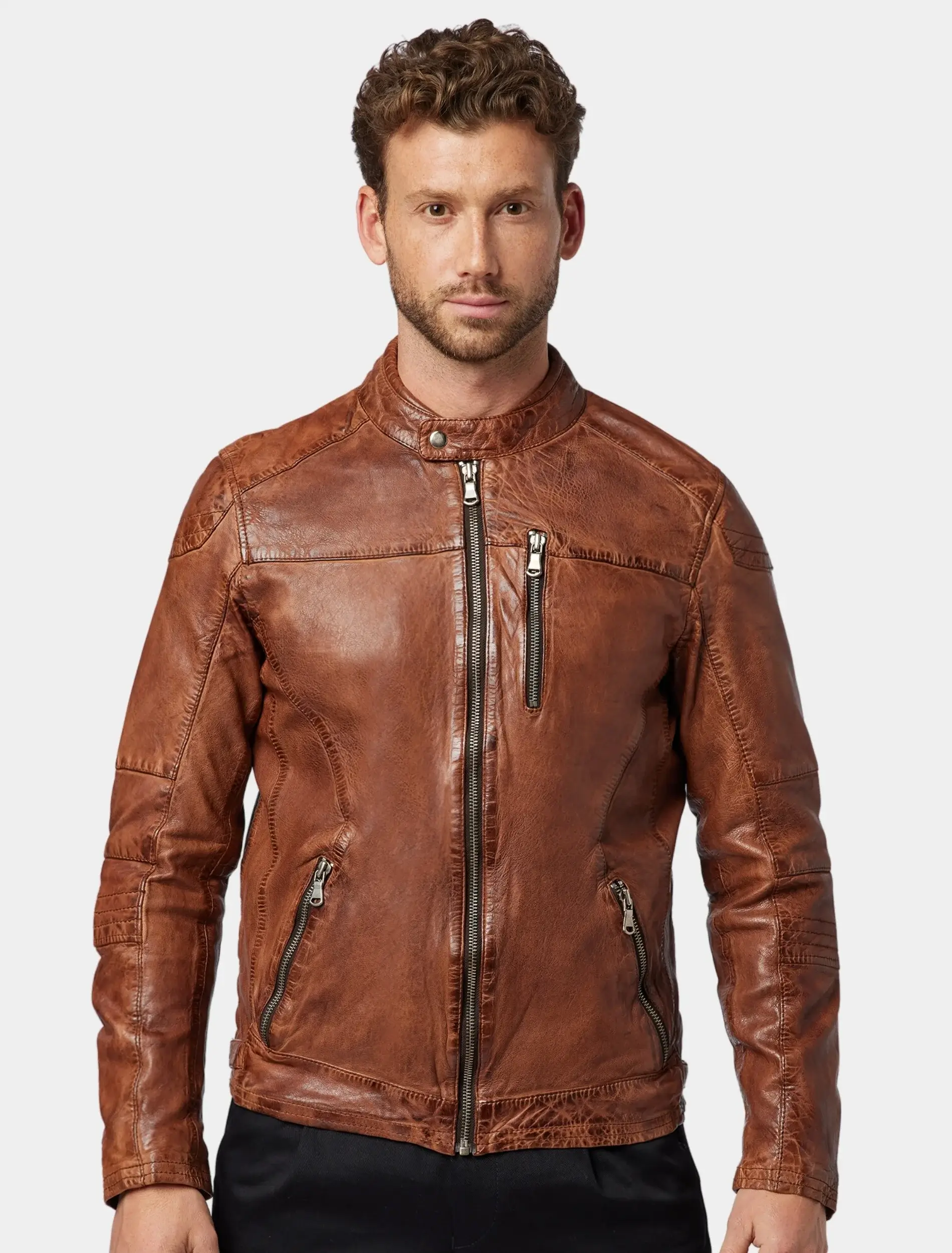 Mens Vintage Brown Leather Cafe Racer Jacket