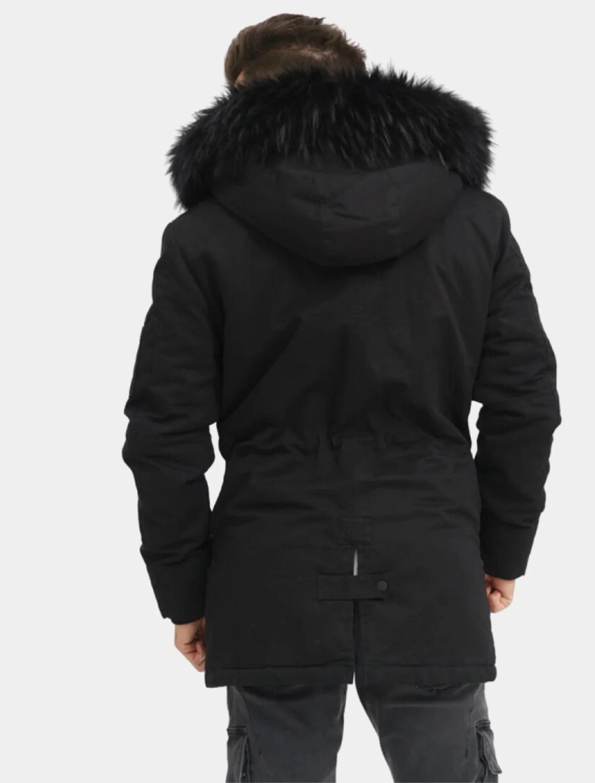 Mens Classic Black Hooded Parka Jacket Back