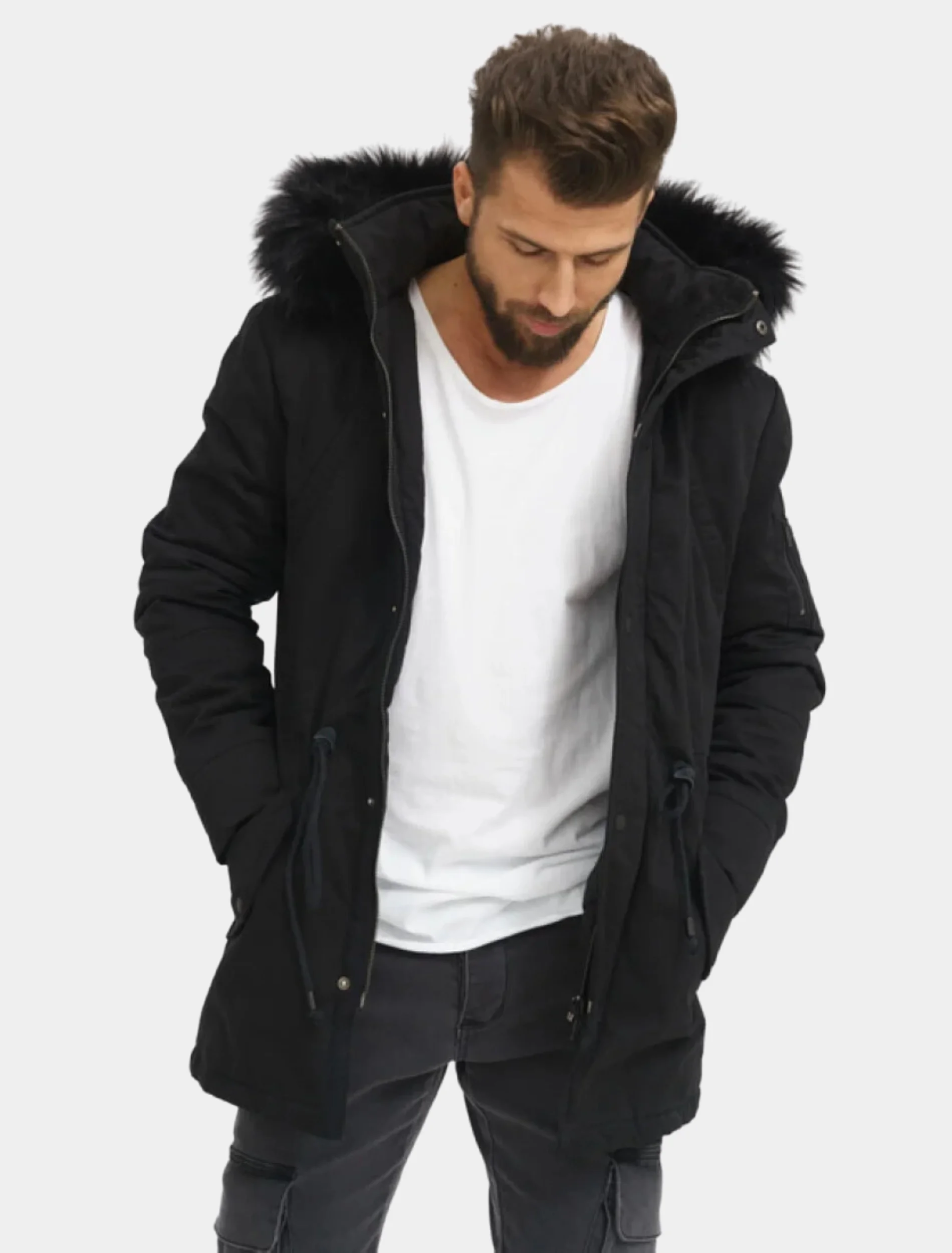 Mens Classic Black Hooded Parka Jacket