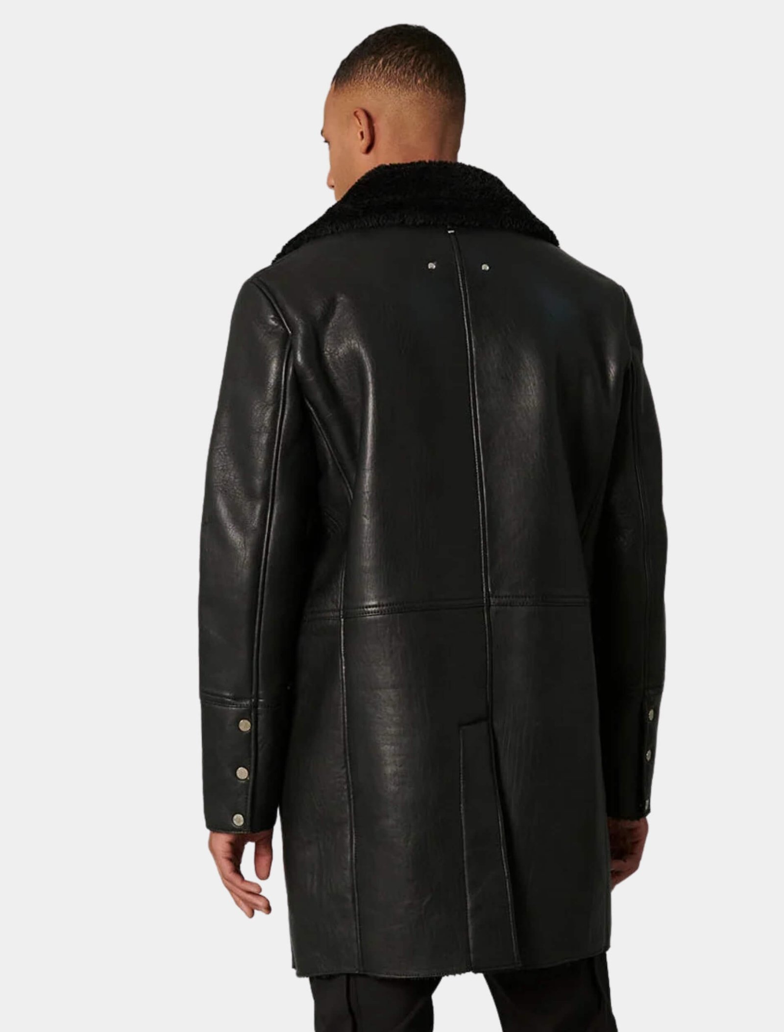 Mens Classic Black Leather Shearling Coat Back