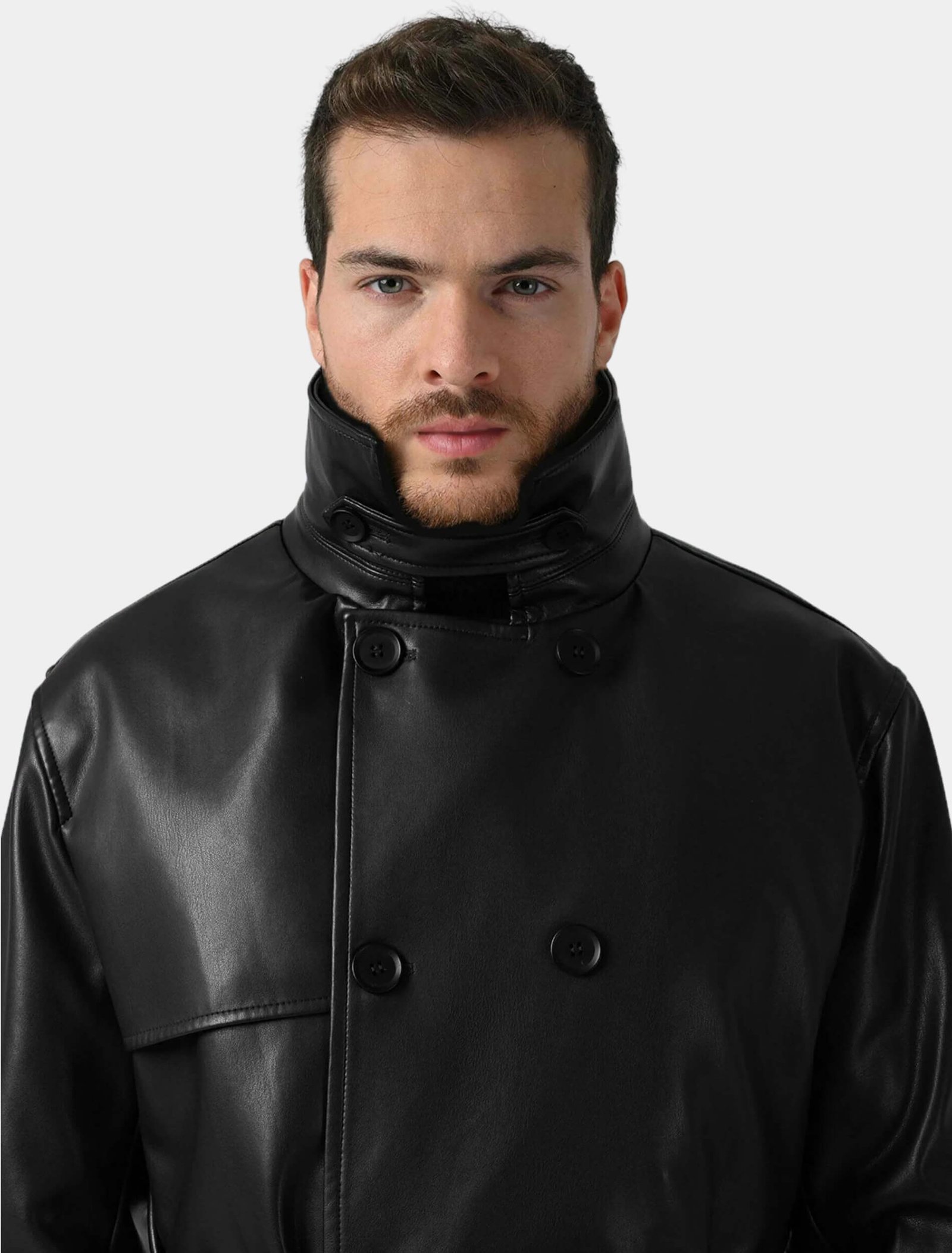 Mens Classic Black Leather Trench Coat Detail Image