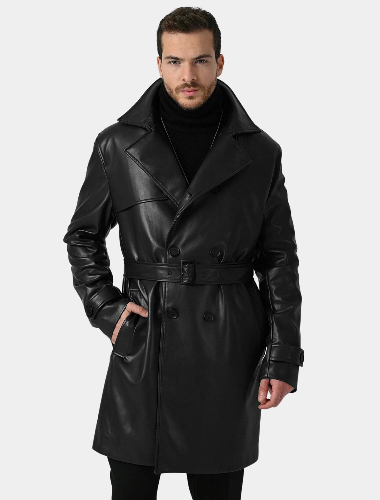 Mens Classic Black Leather Trench Coat