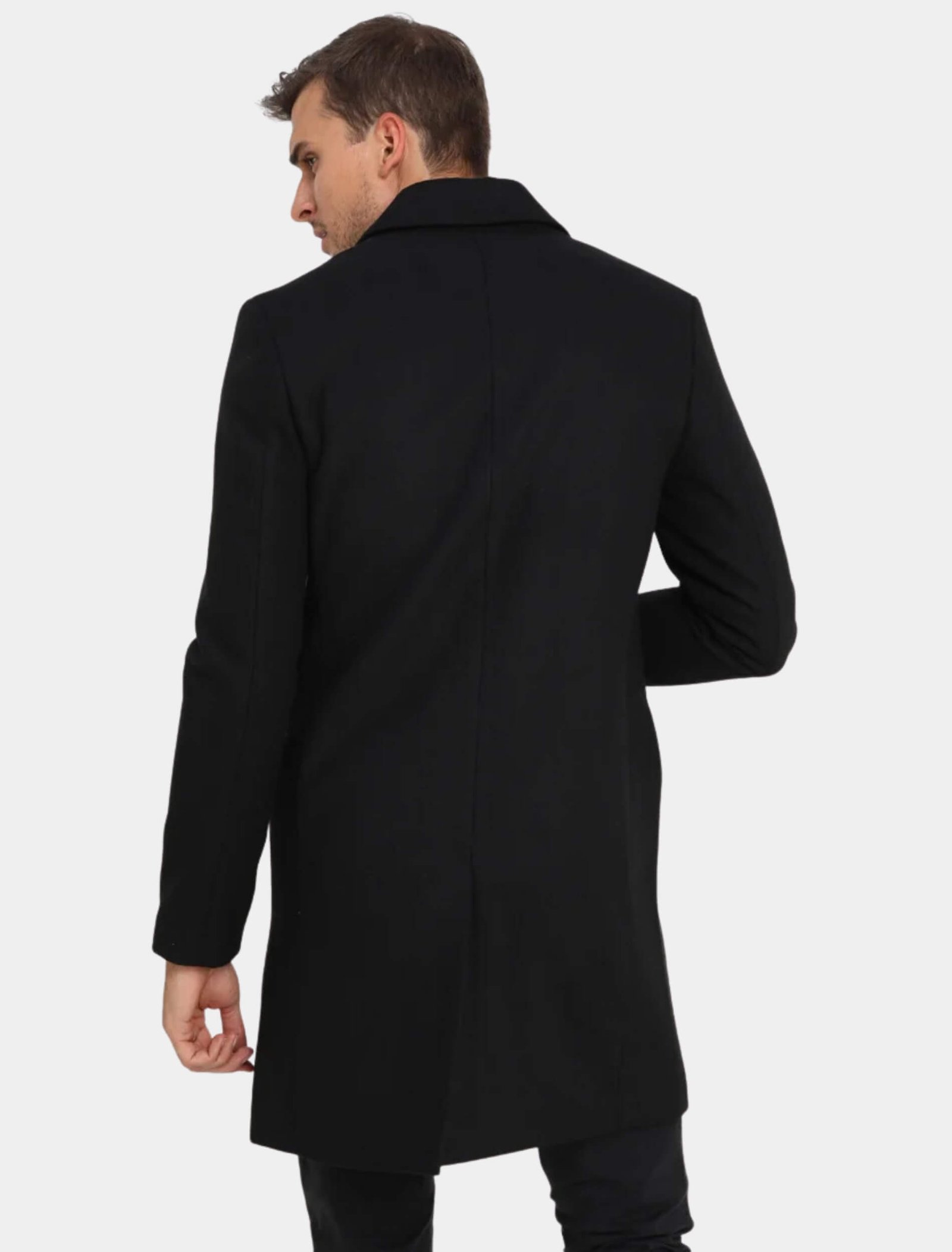 Mens Classic Black Wool Trench Coat Back