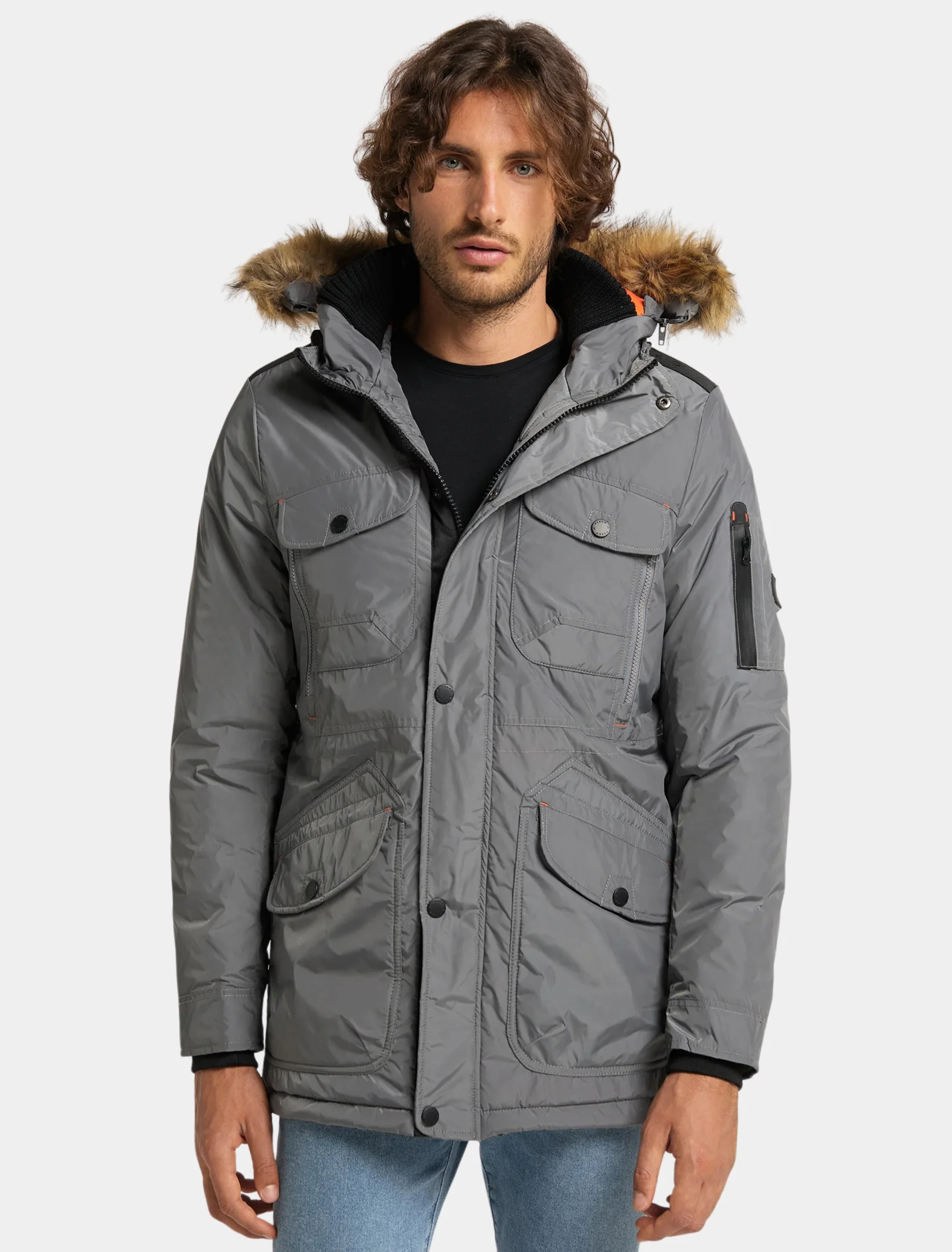 Mens Classic Grey Hooded Parka Jacket