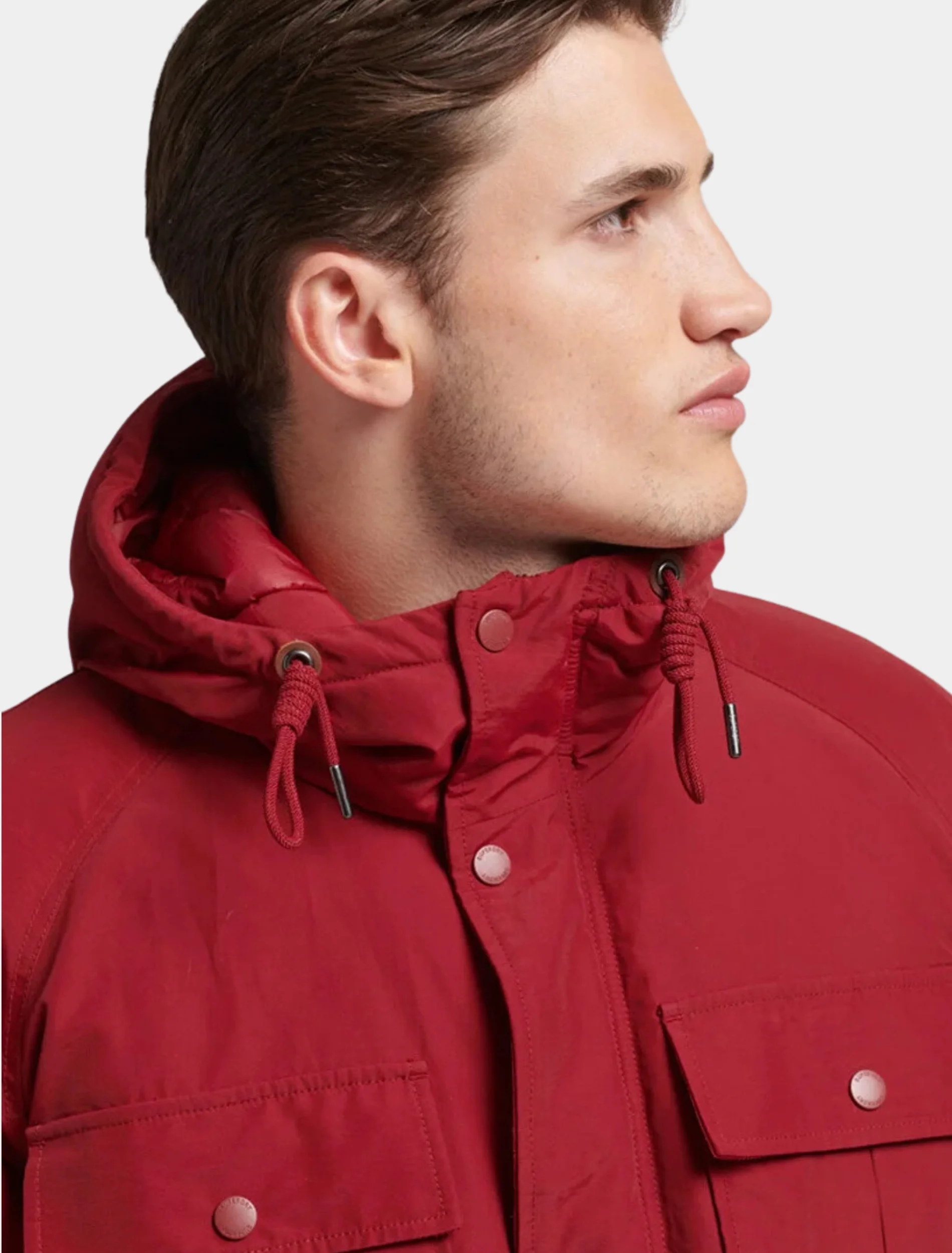 Mens Classy Red Hooded Parka Jacket Detail Image