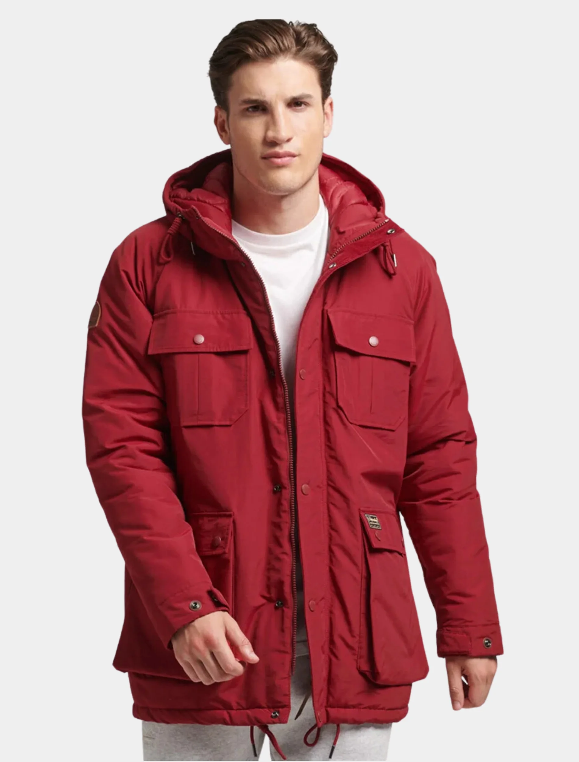 Mens Classy Red Hooded Parka Jacket