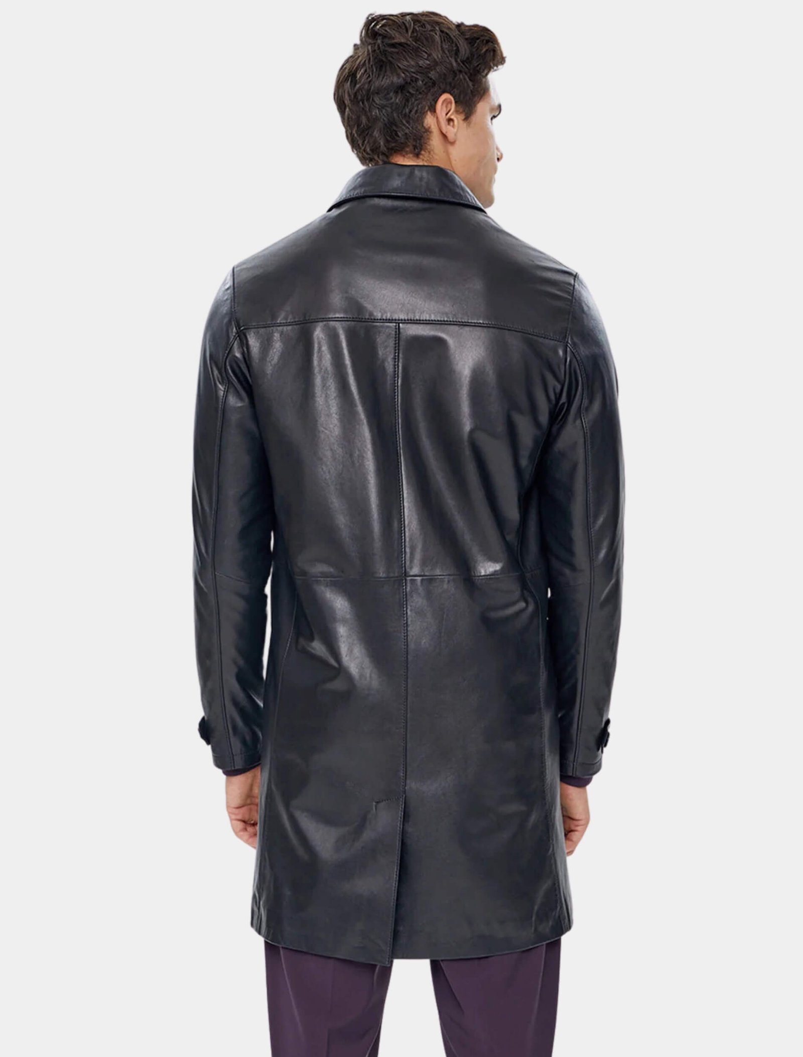 Mens John Black Leather Trench Coat Back