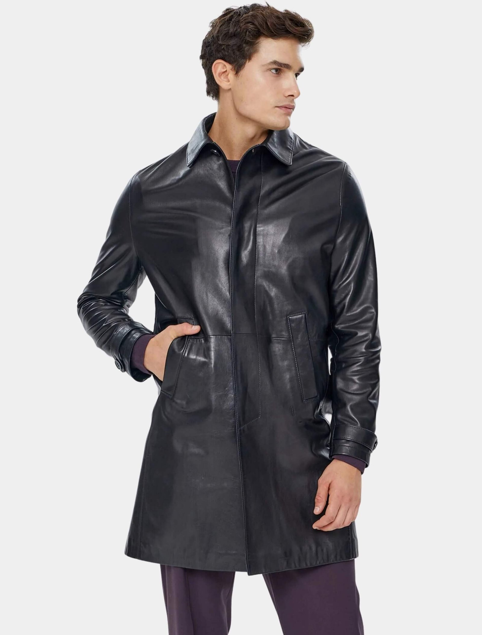 Mens John Black Leather Trench Coat