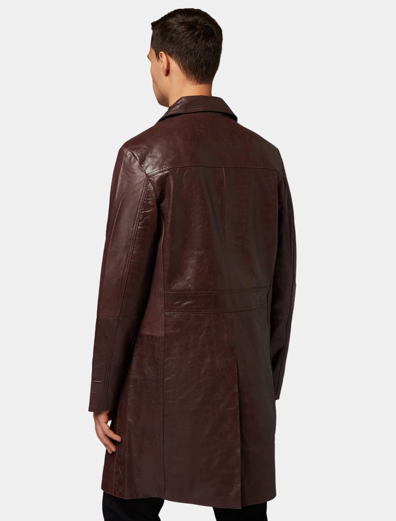 Mens John Brown Leather Trench Coat Back