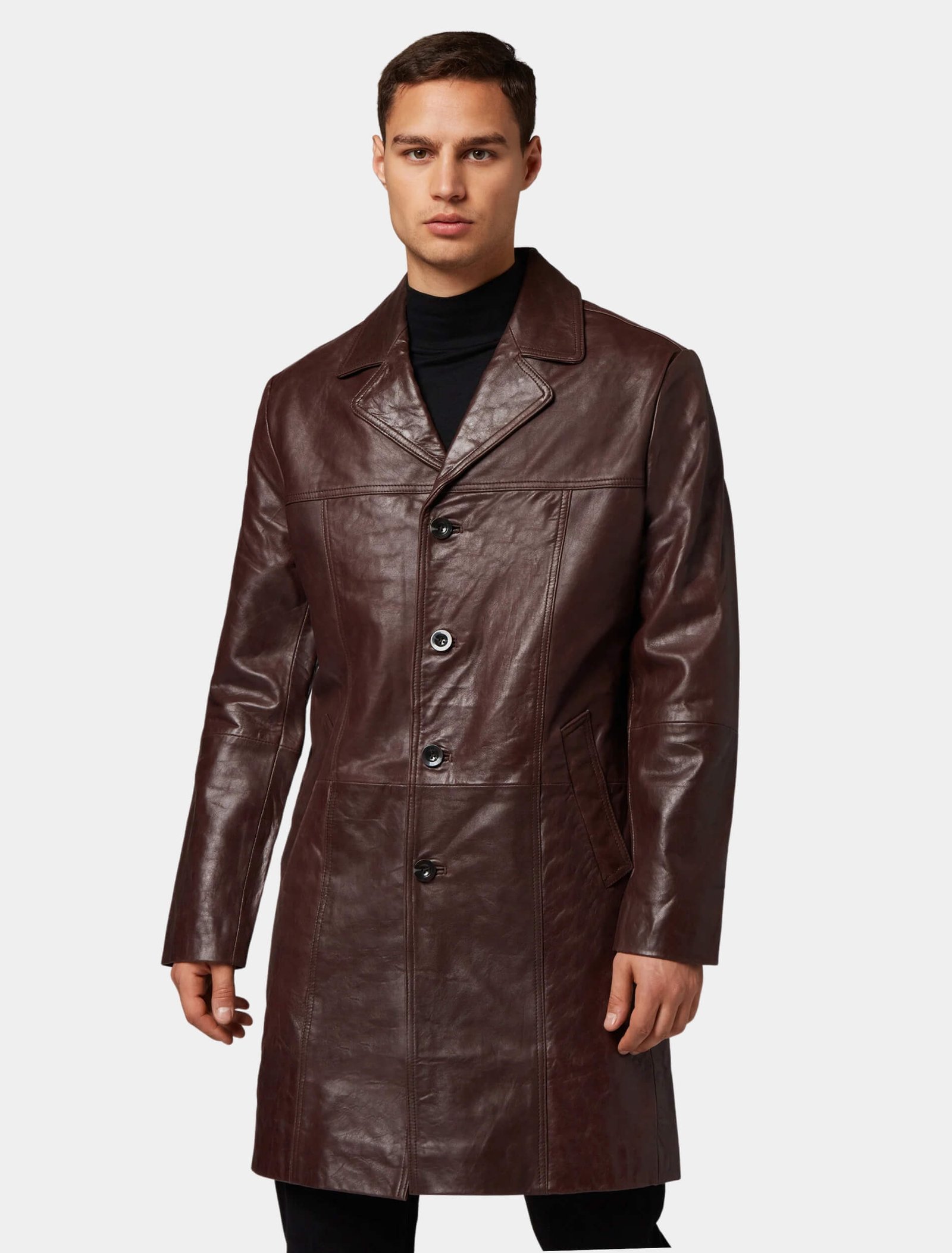 Mens John Brown Leather Trench Coat